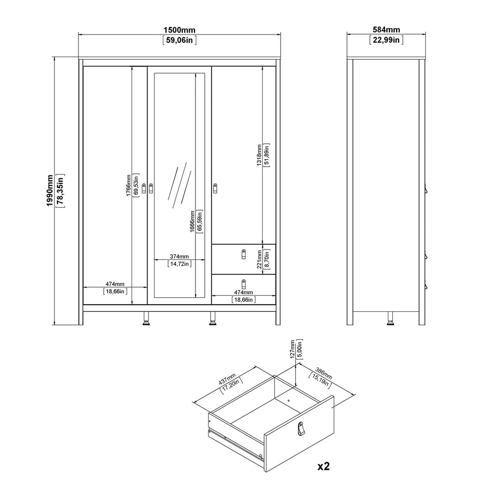 Barcelona Wardrobe with 2 Doors 1 Mirror Door 2 Drawers in Matt Black - image 9