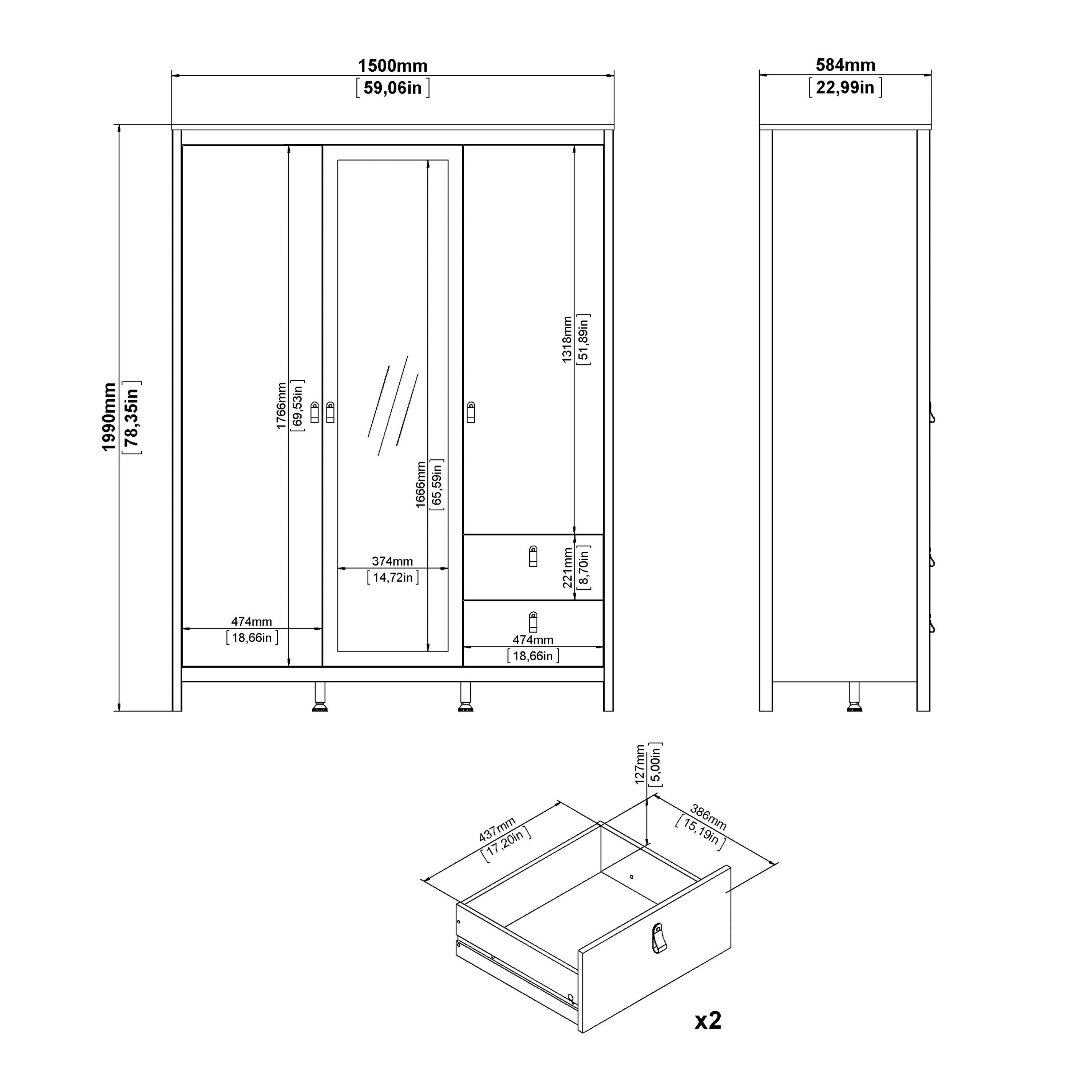 Barcelona Wardrobe with 2 Doors 1 Mirror Door 2 Drawers in Matt Black - image 9