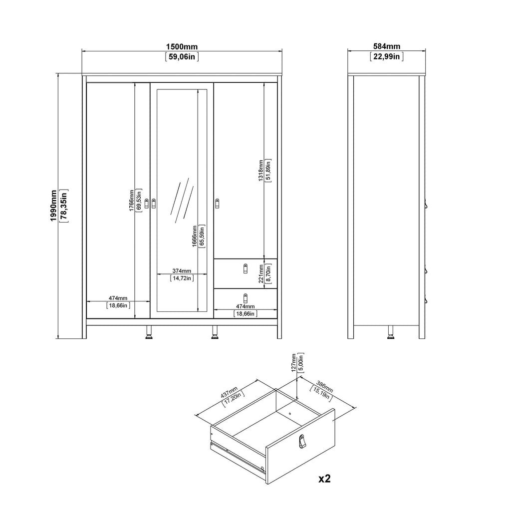 Barcelona Wardrobe with 2 Doors + 1 Mirror Door + 2 Drawers in Cashmere - image 12