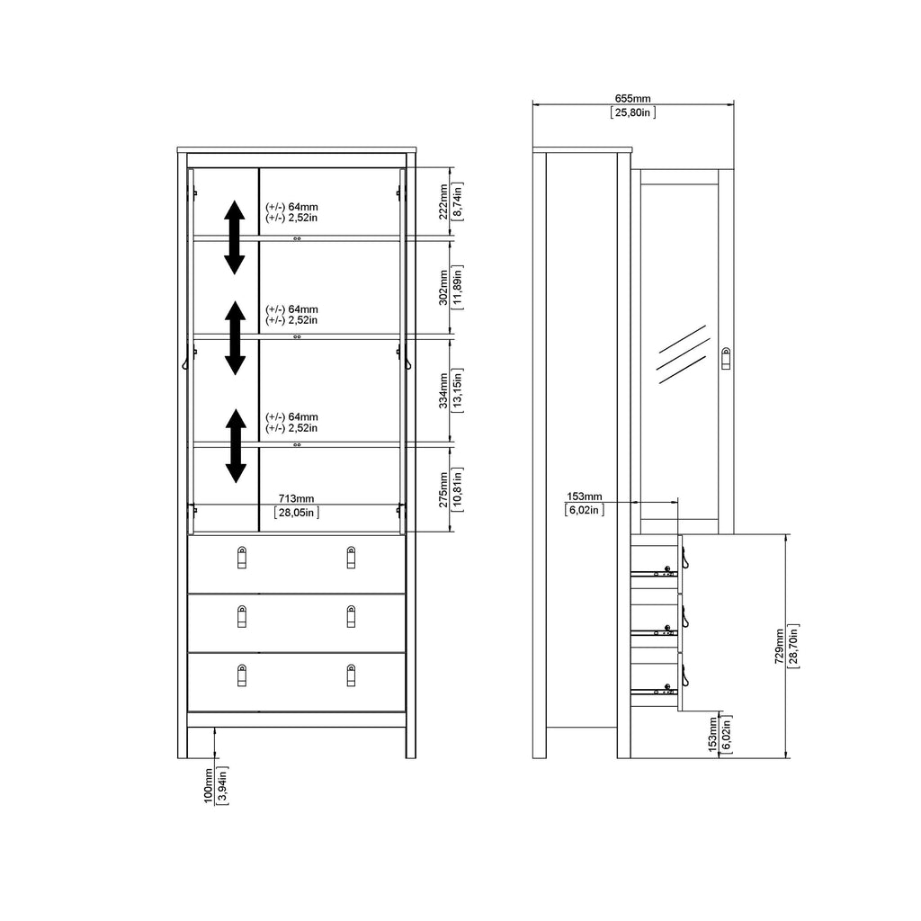 Barcelona China Cabinet 2 Glass Doors with 3 Drawers in White - image 12