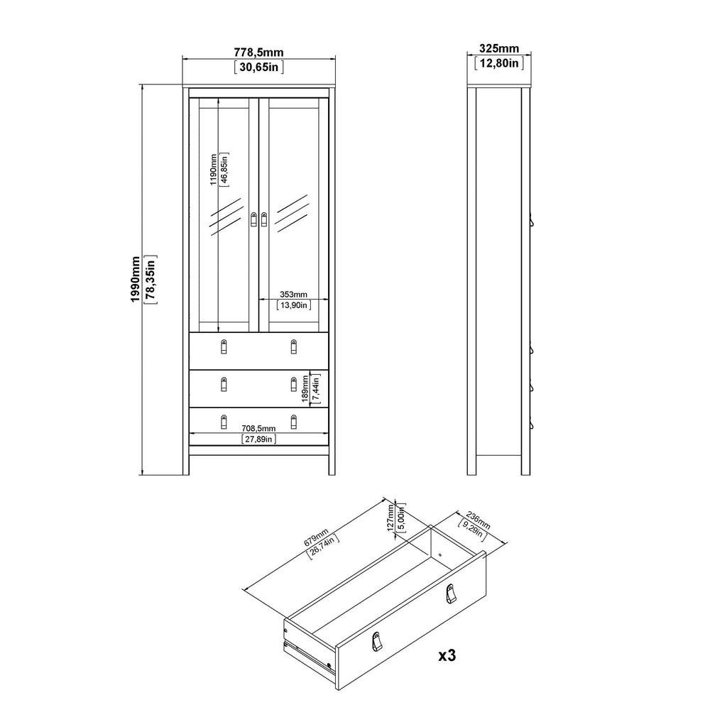 Barcelona China Cabinet 2 Glass Doors with 3 Drawers in Matt Black - image 11