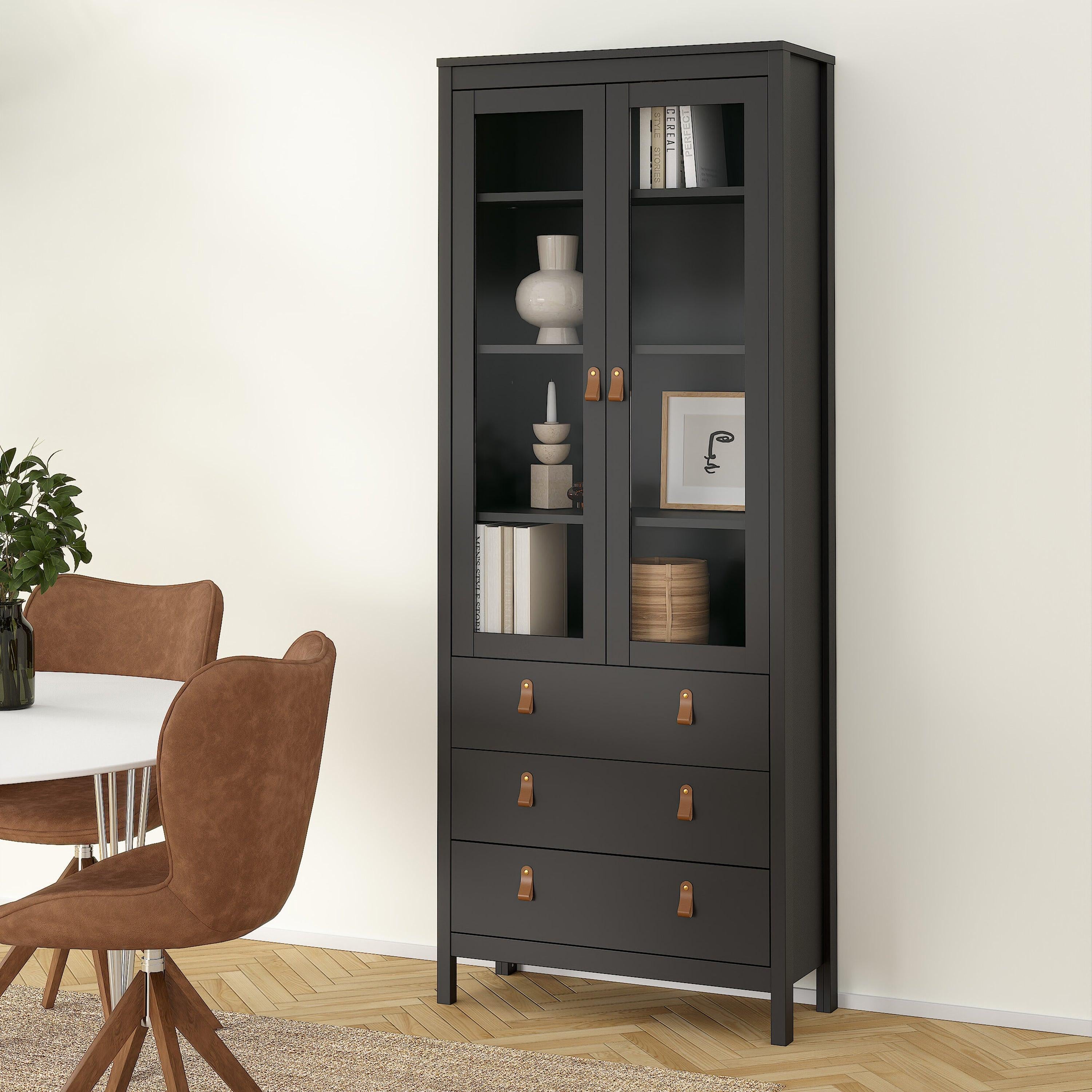 Barcelona China Cabinet 2 Glass Doors with 3 Drawers in Matt Black - image 8