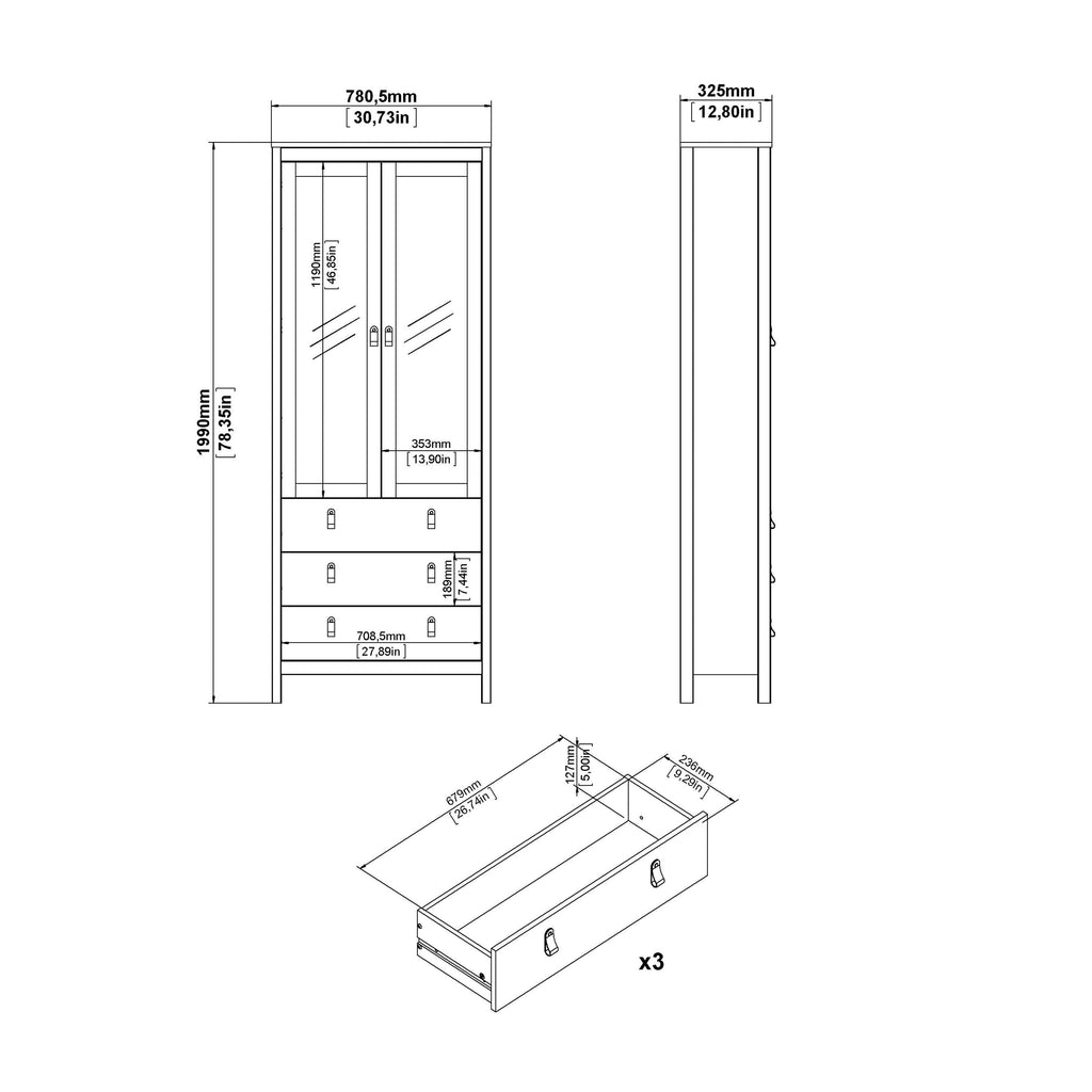 Barcelona China Cabinet 2 Glass Doors with 3 Drawers in Cashmere - image 11