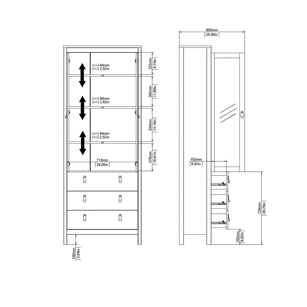 Barcelona China Cabinet 2 Glass Doors with 3 Drawers in Cashmere - image 12