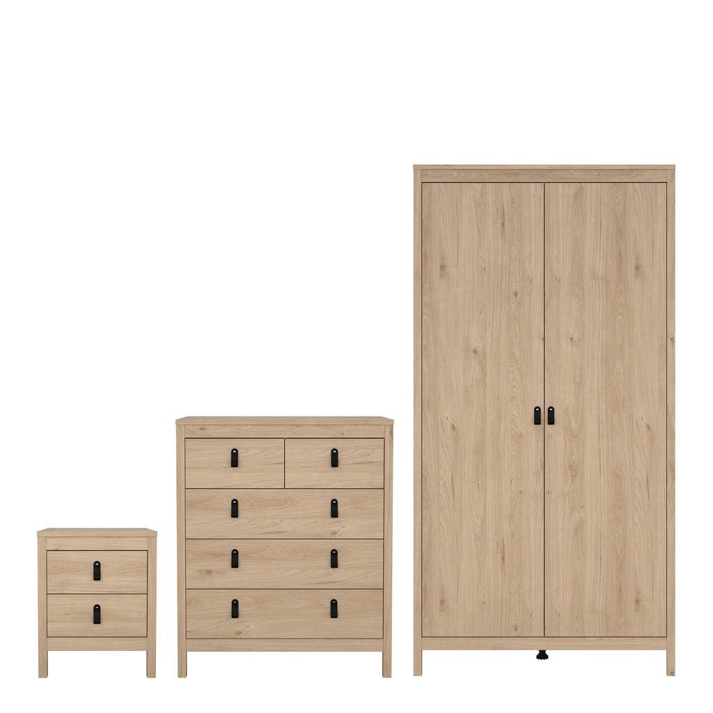 Barcelona Package - Bedside Table 2 Drawers + Chest 5 Drawers + 2 Door Wardrobe in Jackson Hickory Oak