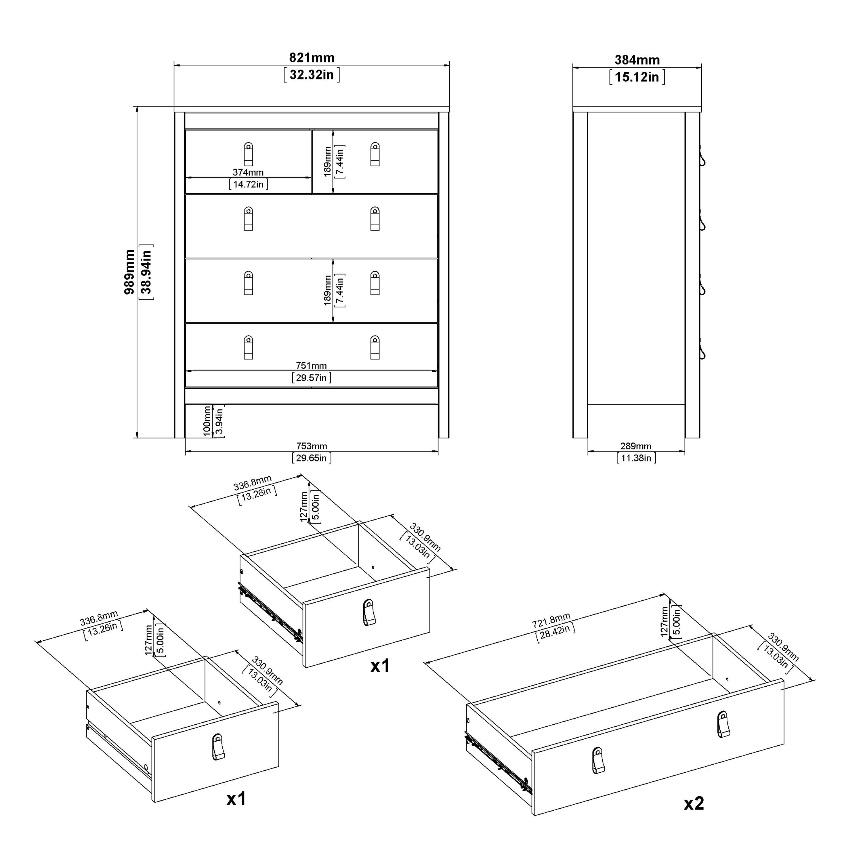 Madrid Package - Bedside Table 2 Drawers + Chest 5 Drawers + Wardrobe with 3 Doors in White - image 9