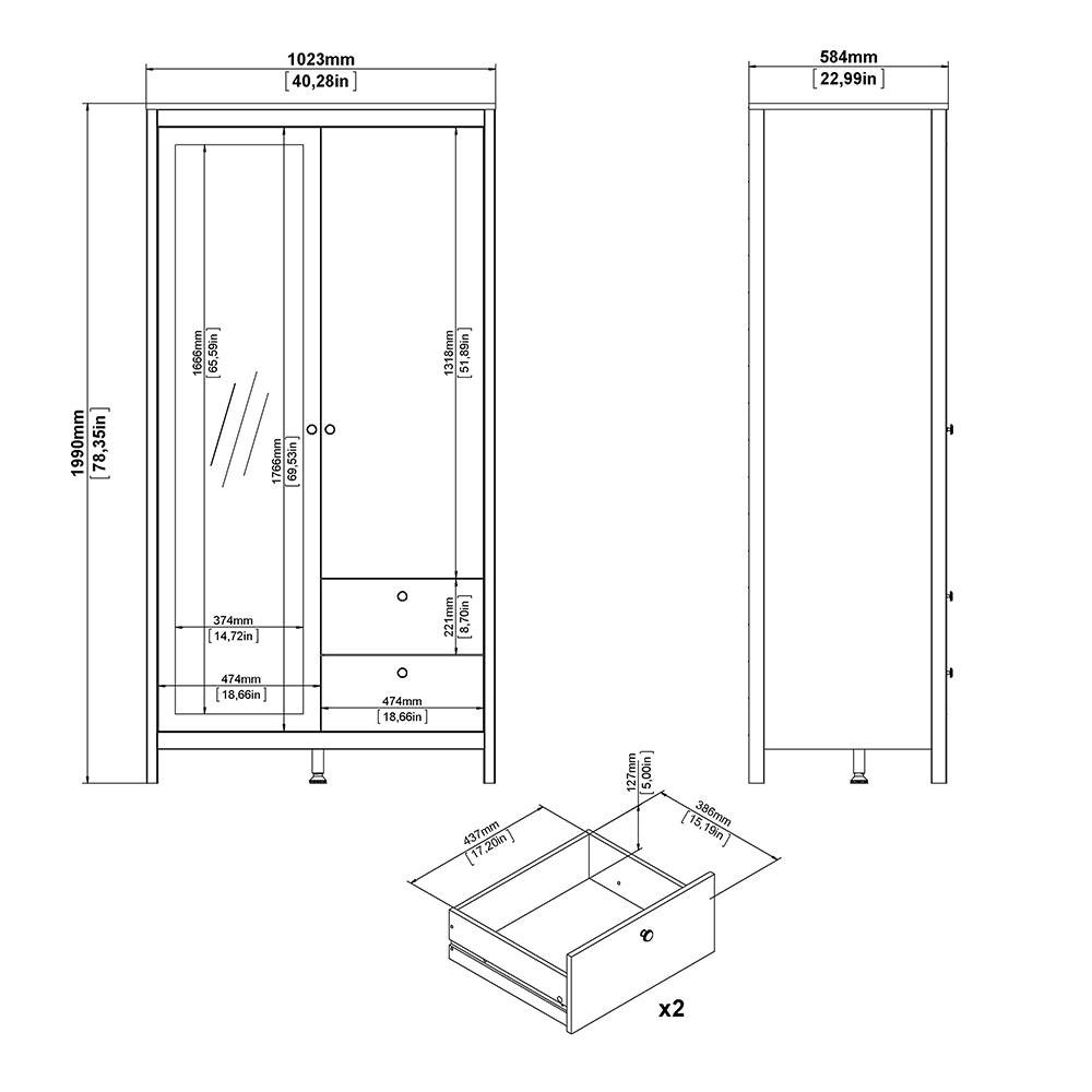 Madrid Wardrobe with 1 Door 1 Mirror Door 2 Drawers White - image 10