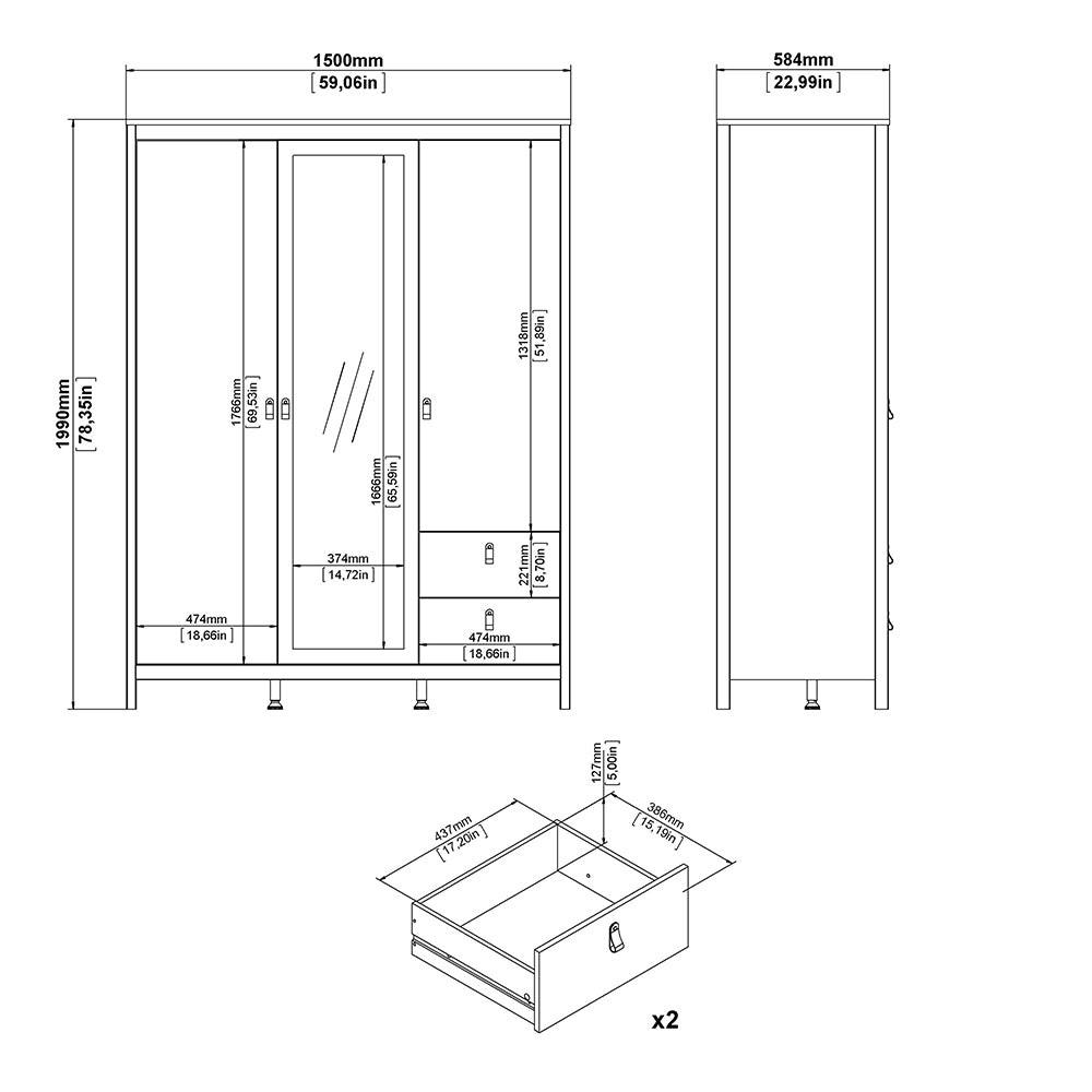 Madrid Wardrobe with 2 Doors 1 Mirror Door 2 Drawers White - image 11