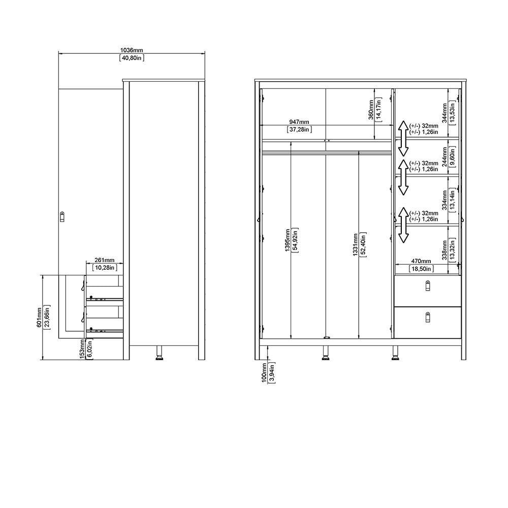Madrid Wardrobe with 2 Doors 1 Mirror Door 2 Drawers White - image 12