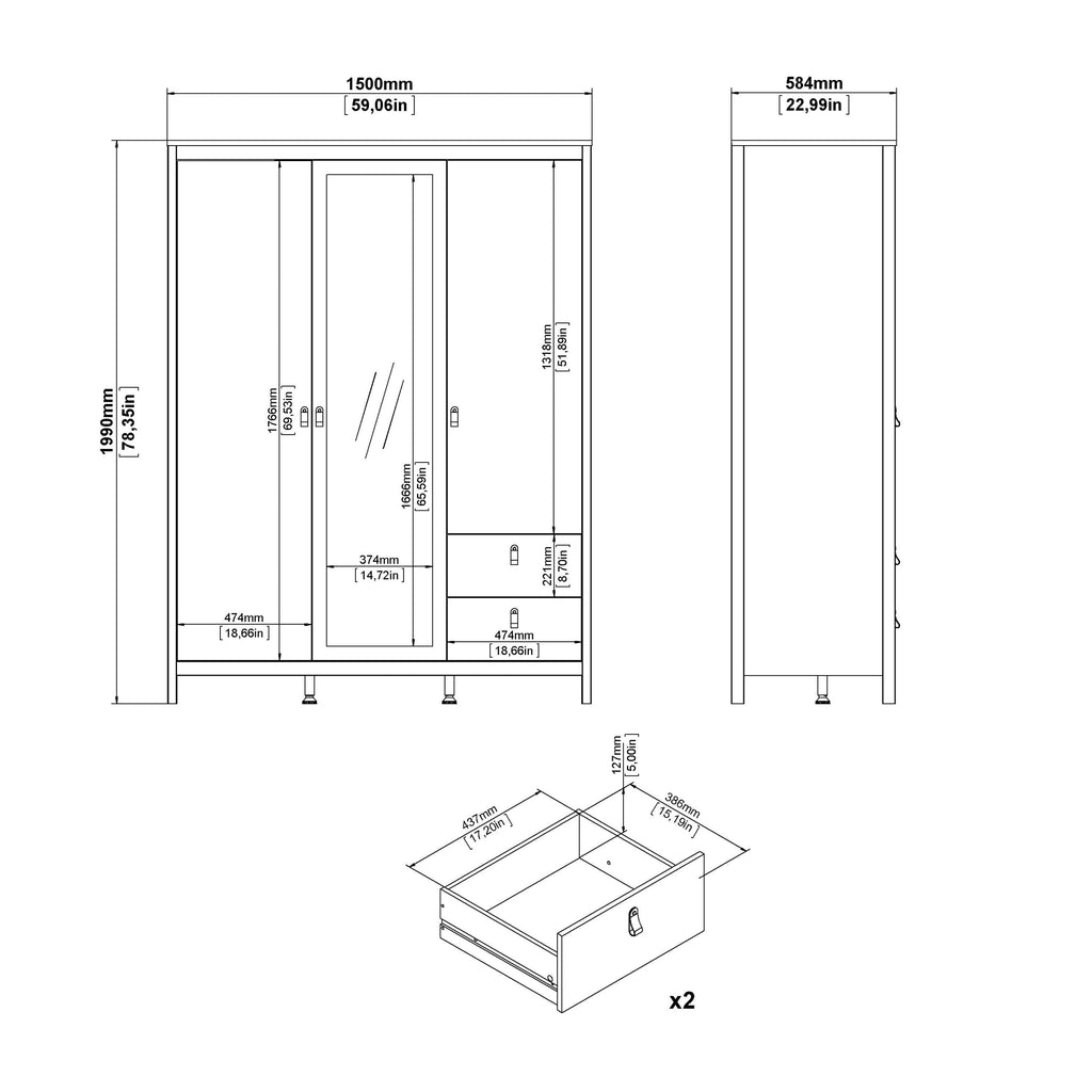 Madrid Wardrobe with 2 Doors 1 Mirror Door 2 Drawers Matt Black - image 11