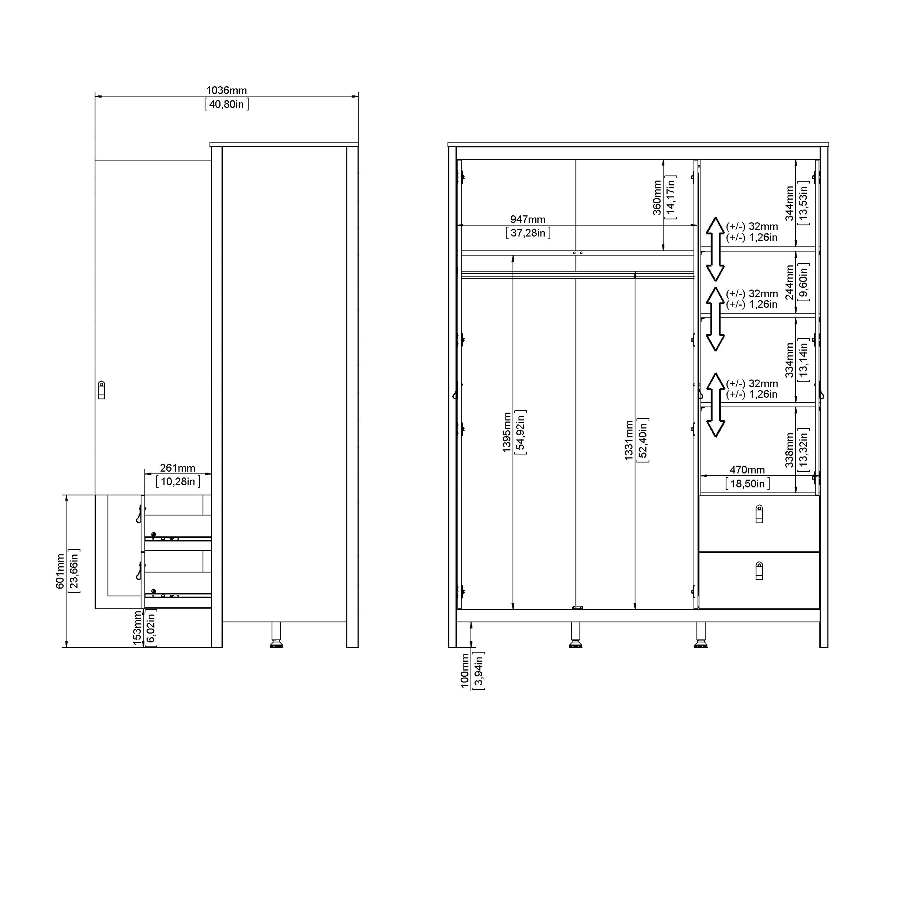 Madrid Wardrobe with 2 Doors 1 Mirror Door 2 Drawers Matt Black - image 12