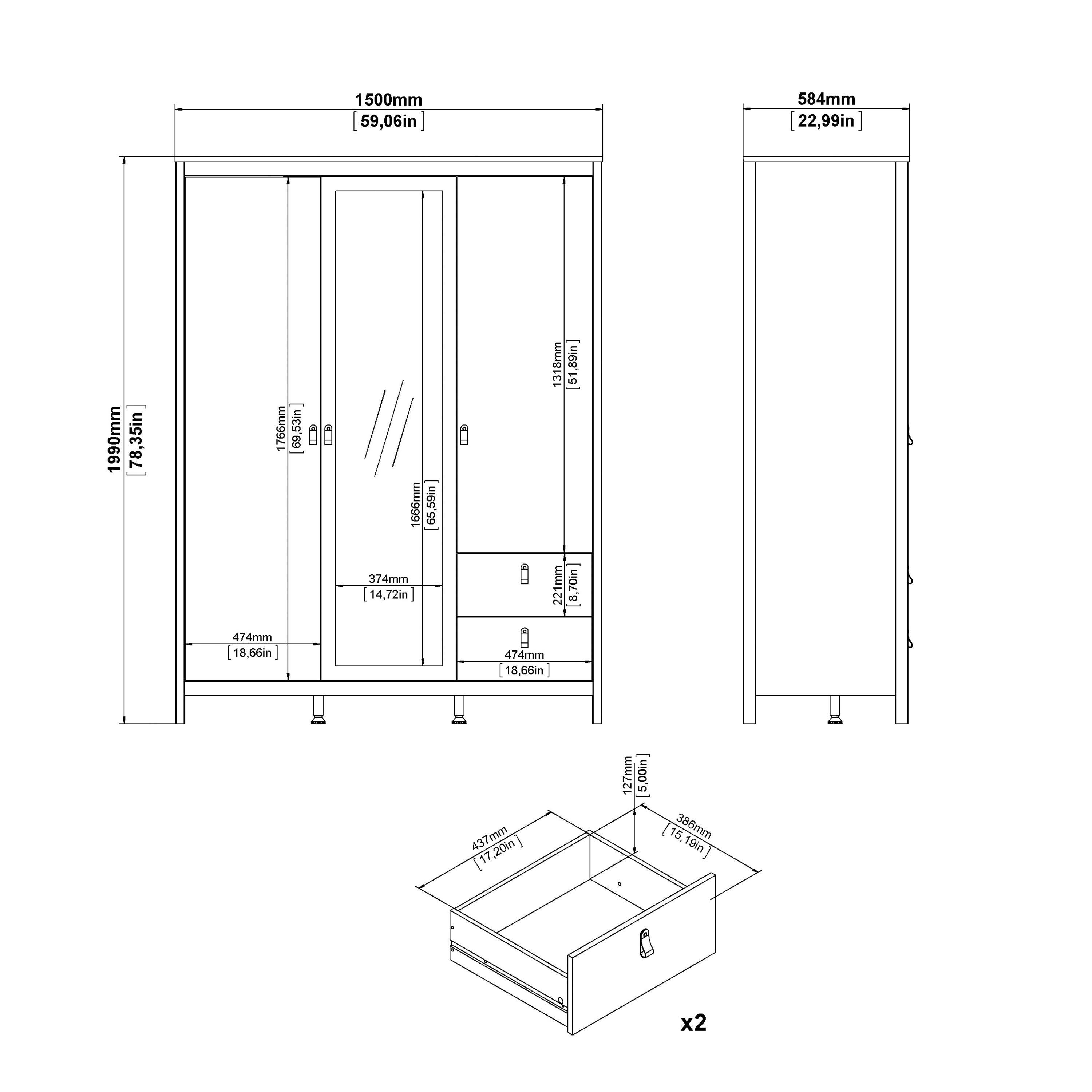 Madrid Wardrobe with 2 Doors + 1 Mirror Door + 2 Drawers in Cashmere - image 10