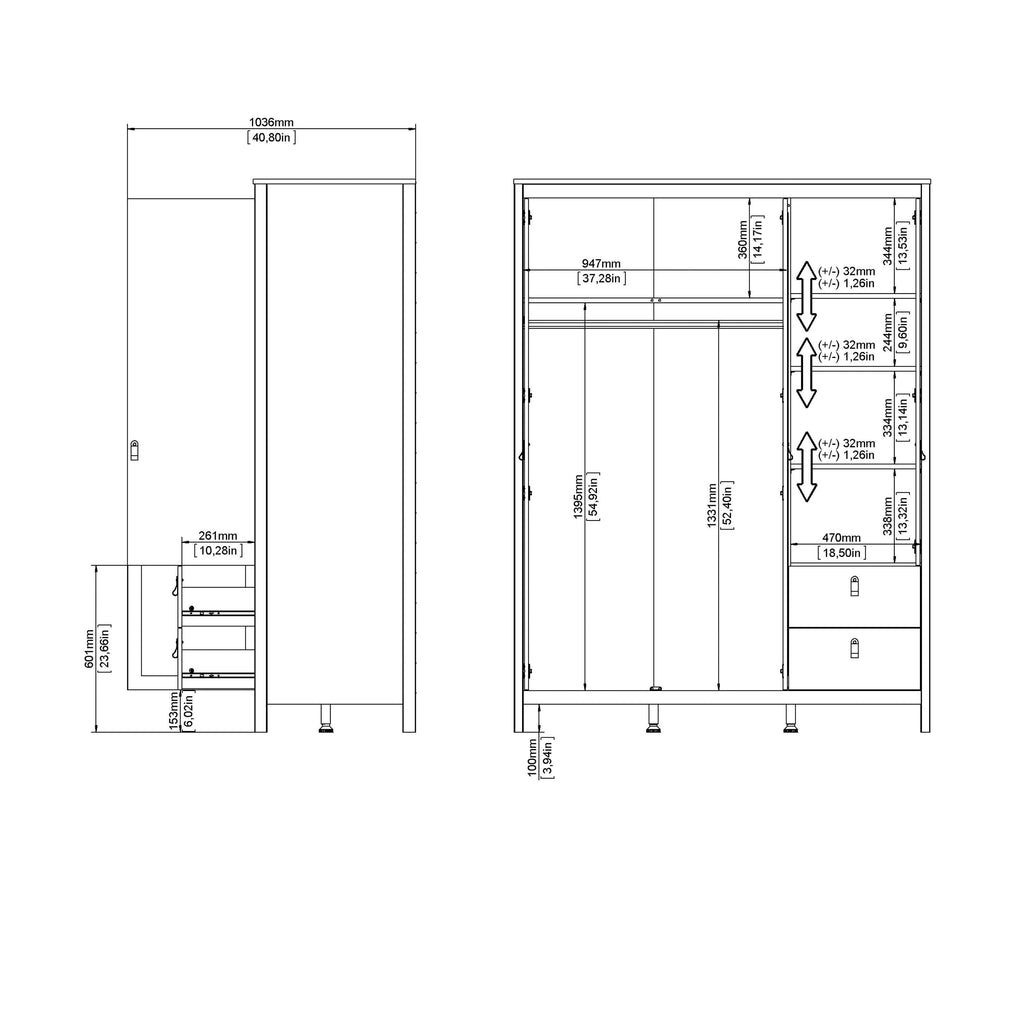 Madrid Wardrobe with 2 Doors + 1 Mirror Door + 2 Drawers in Cashmere - image 11