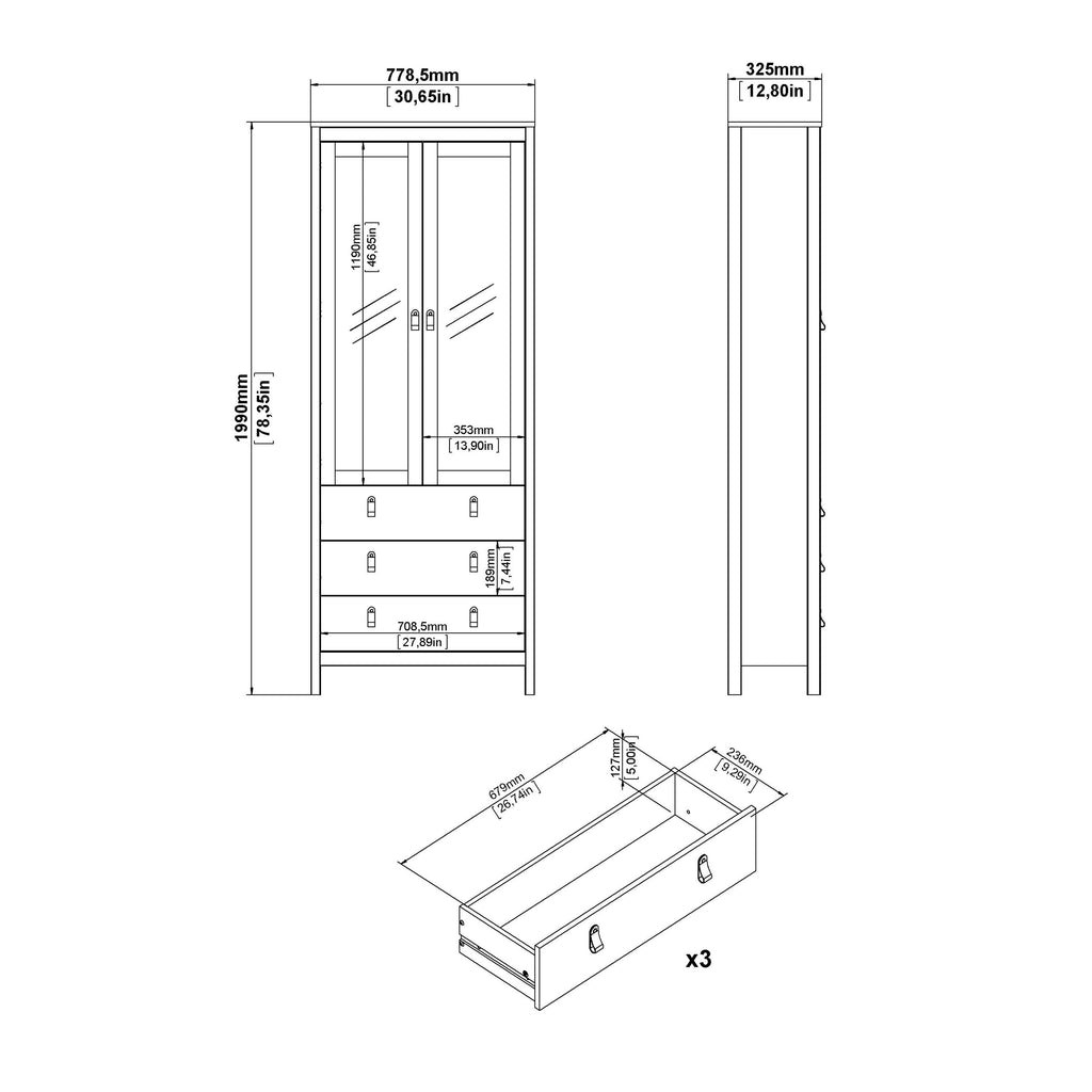 Madrid China Cabinet 2 Glass Doors with 3 Drawers in White - image 10