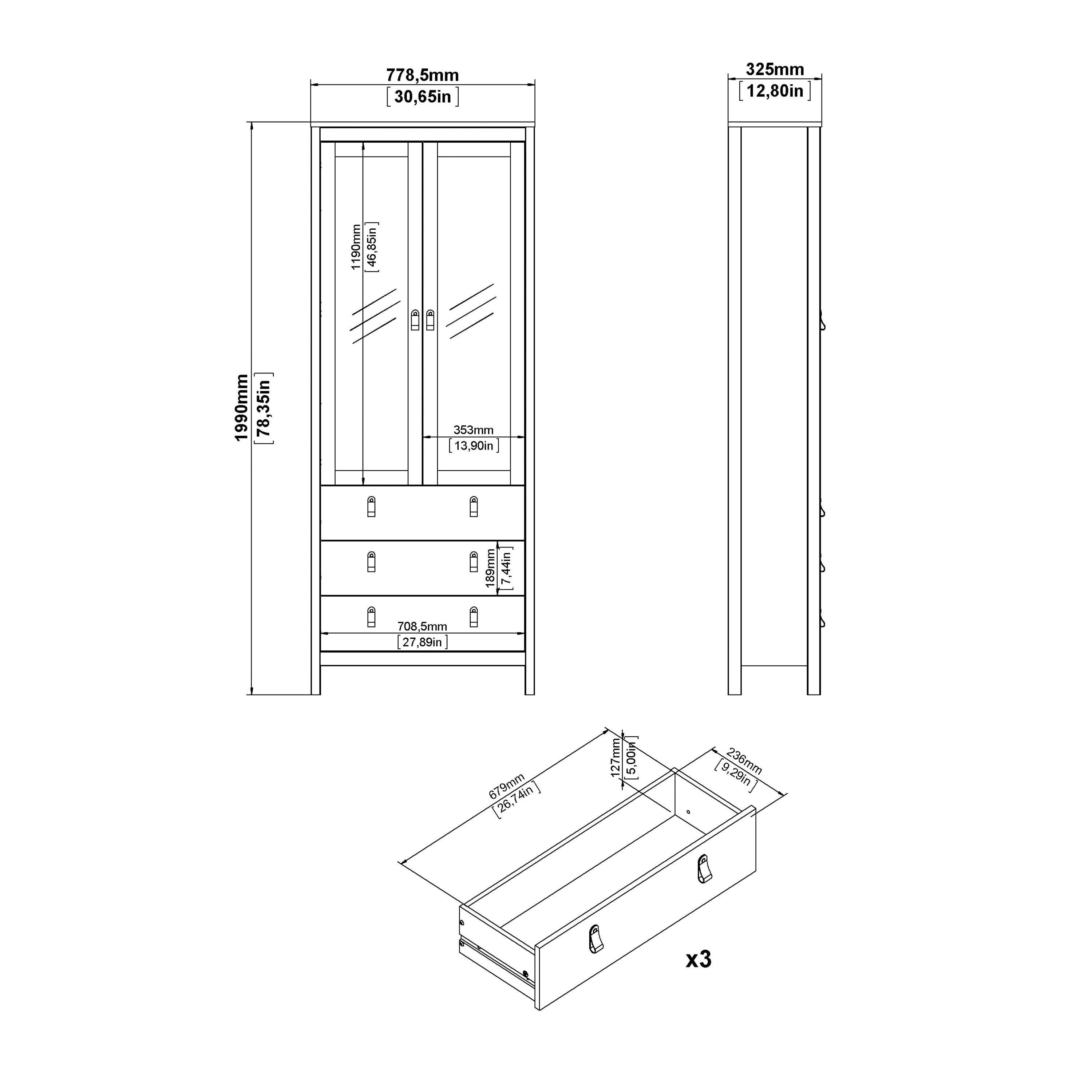 Madrid China Cabinet 2 Glass Doors with 3 Drawers in White - image 10