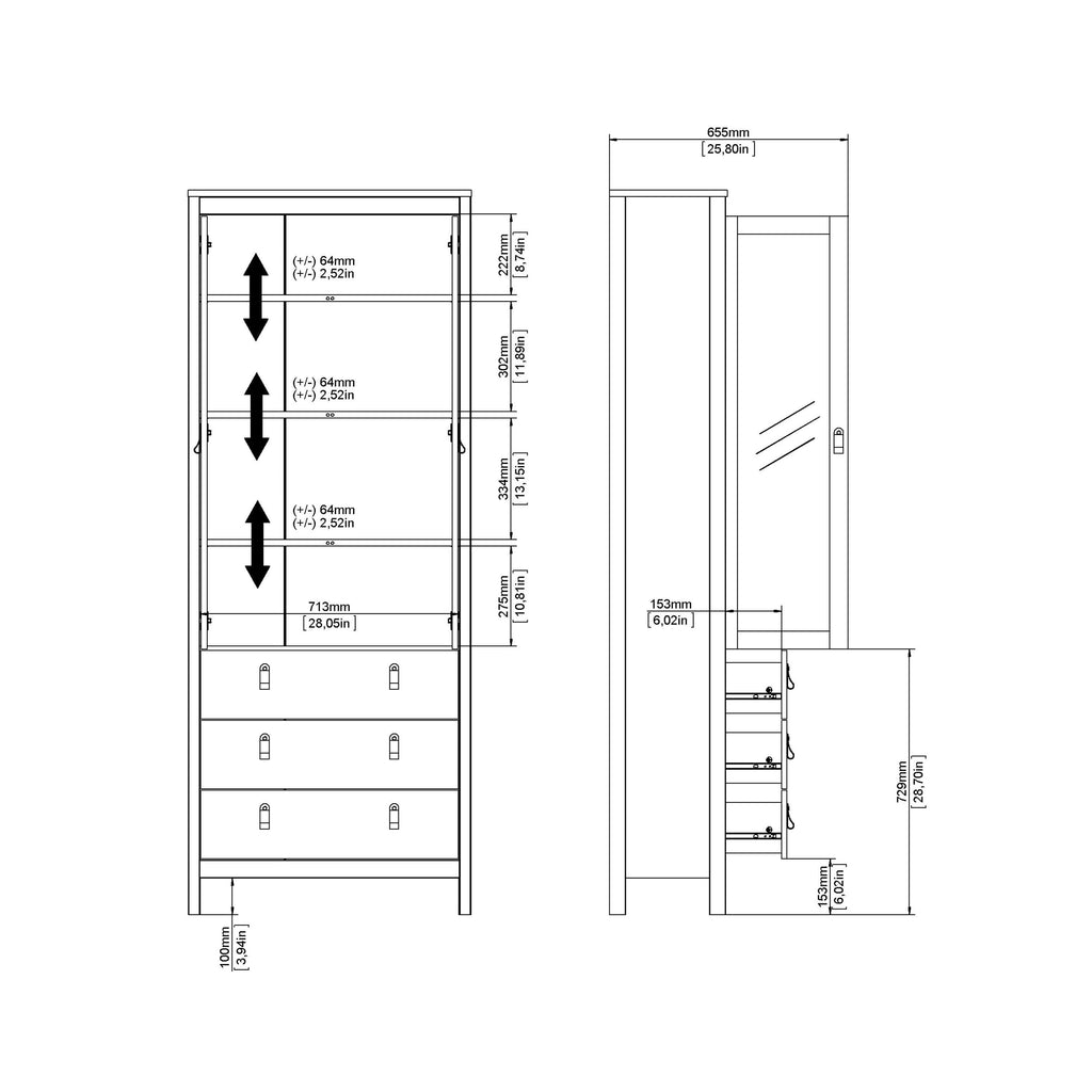 Madrid China Cabinet 2 Glass Doors with 3 Drawers in White - image 11
