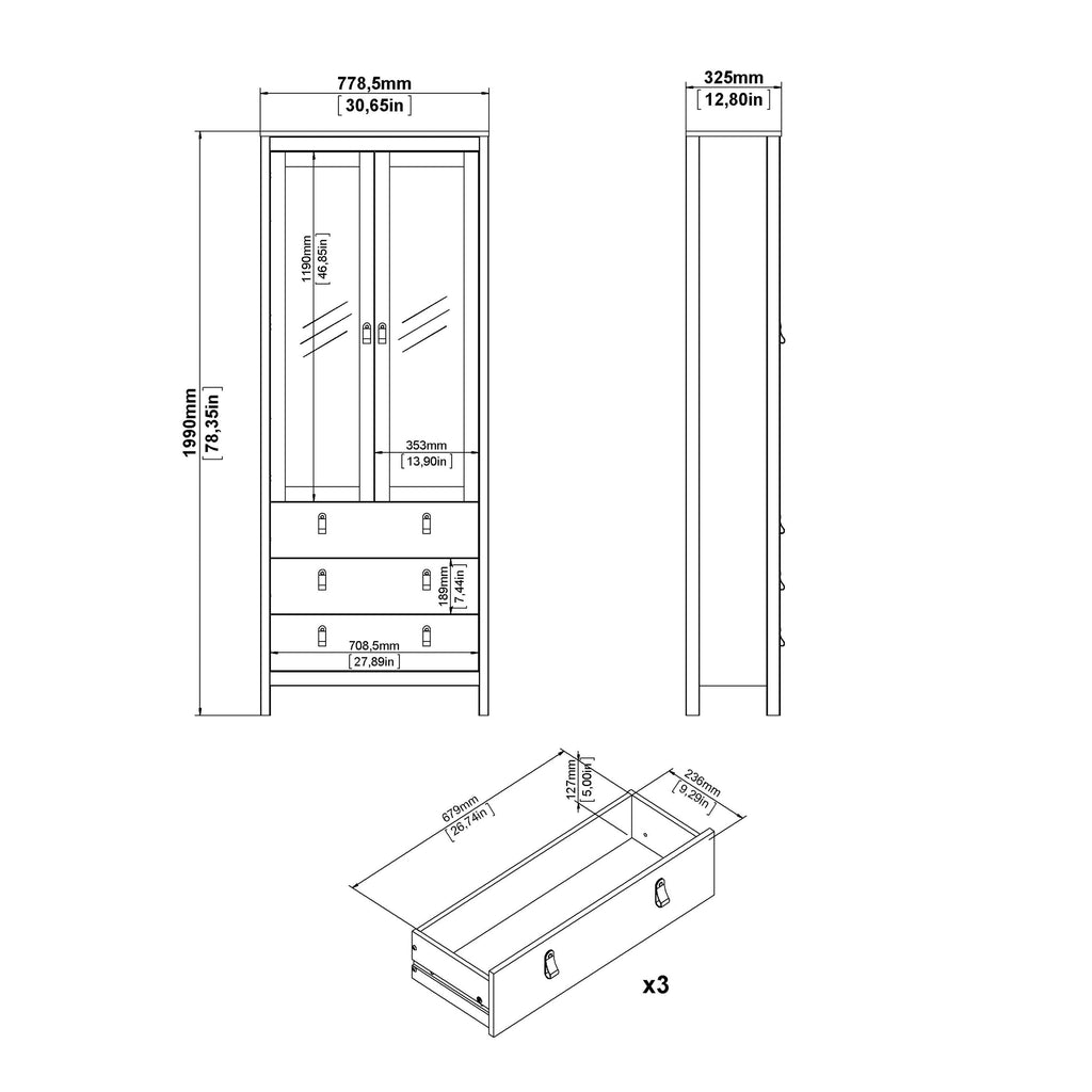 Madrid China Cabinet 2 Glass Doors with 3 Drawers in Matt Black - image 11