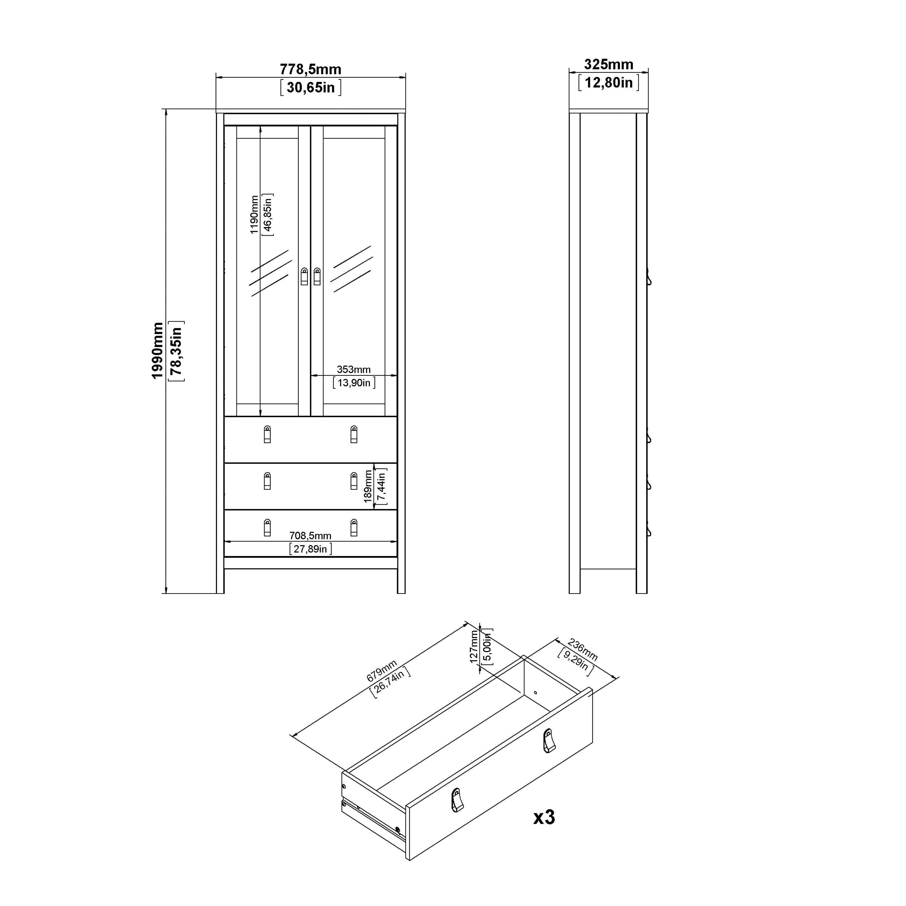 Madrid China Cabinet 2 Glass Doors with 3 Drawers in Matt Black - image 11