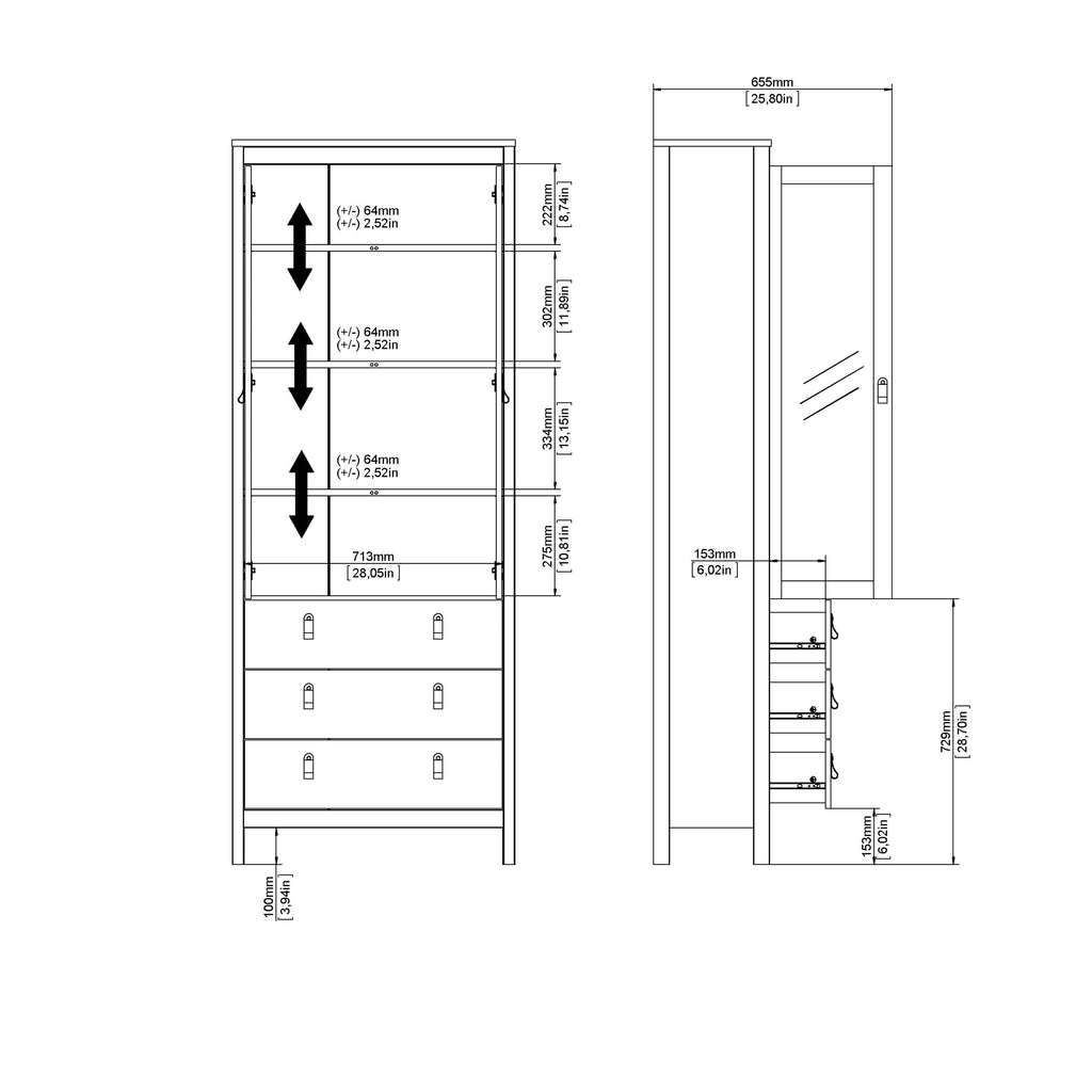 Madrid China Cabinet 2 Glass Doors with 3 Drawers in Matt Black - image 12