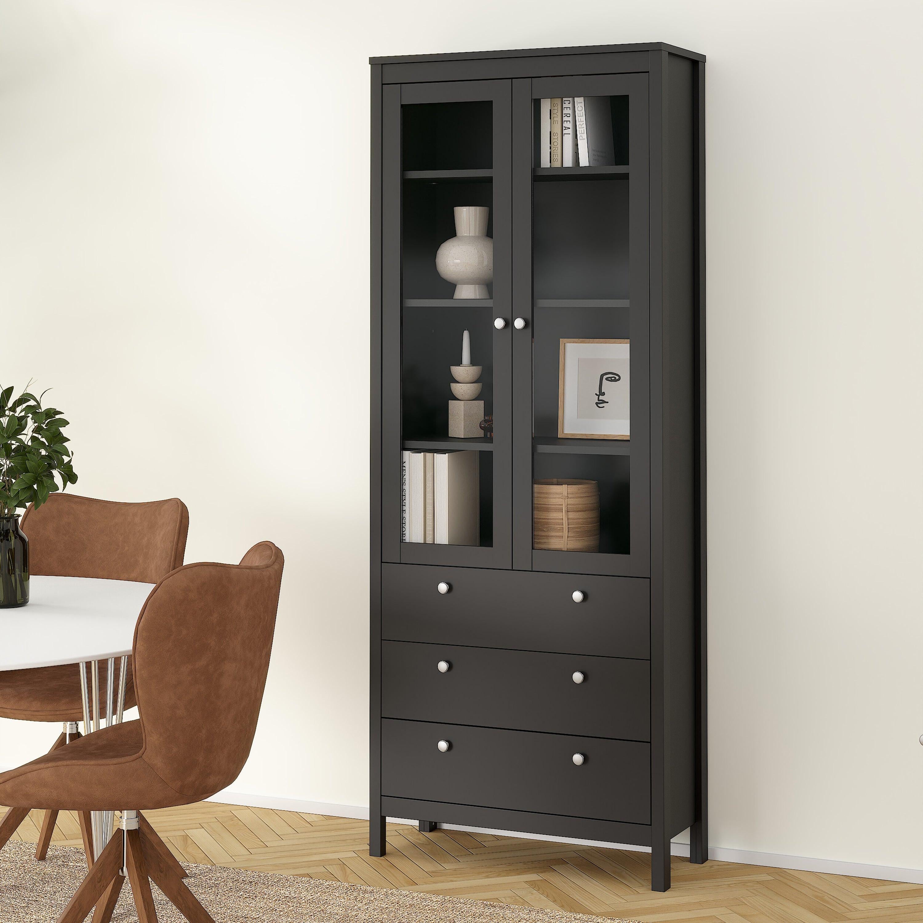 Madrid China Cabinet 2 Glass Doors with 3 Drawers in Matt Black - image 8