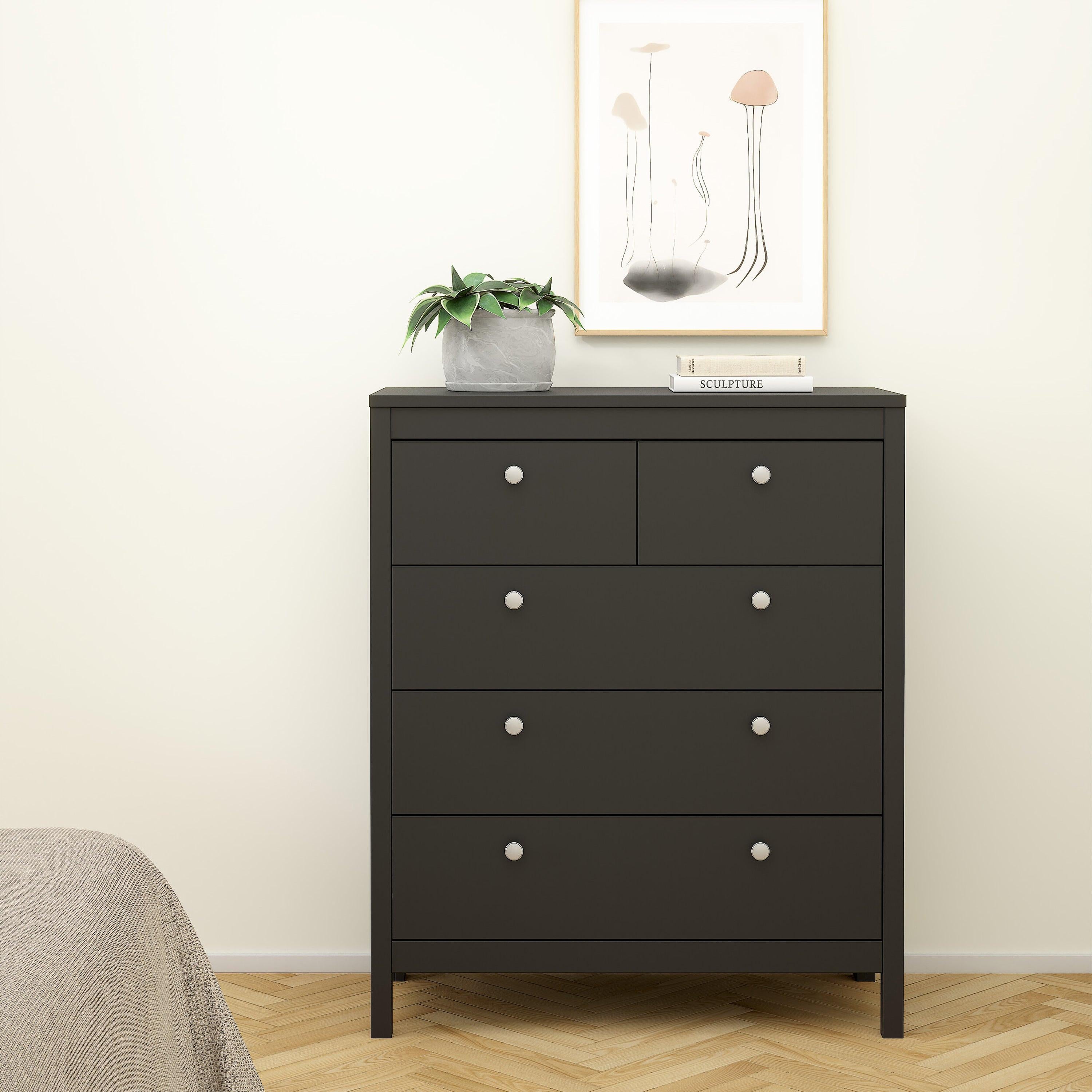 Madrid Package - Bedside Table 2 Drawers + Chest 5 Drawers + Wardrobe with 3 Doors in Matt Black - image 8
