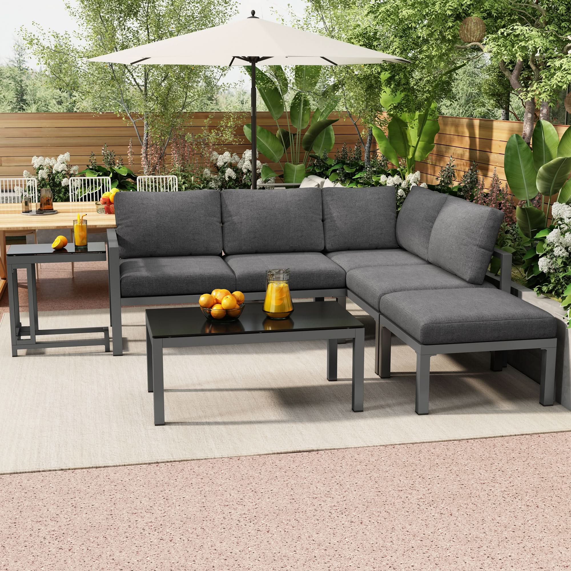 Outdoor Garden Terrace Lounge Sofa Set, Garden Furniture For 4-5 People With Side Table And Coffee Table, Corner Sofa, All-weather Lounge Furniture, Grey, All Cushions Included Haslam Living