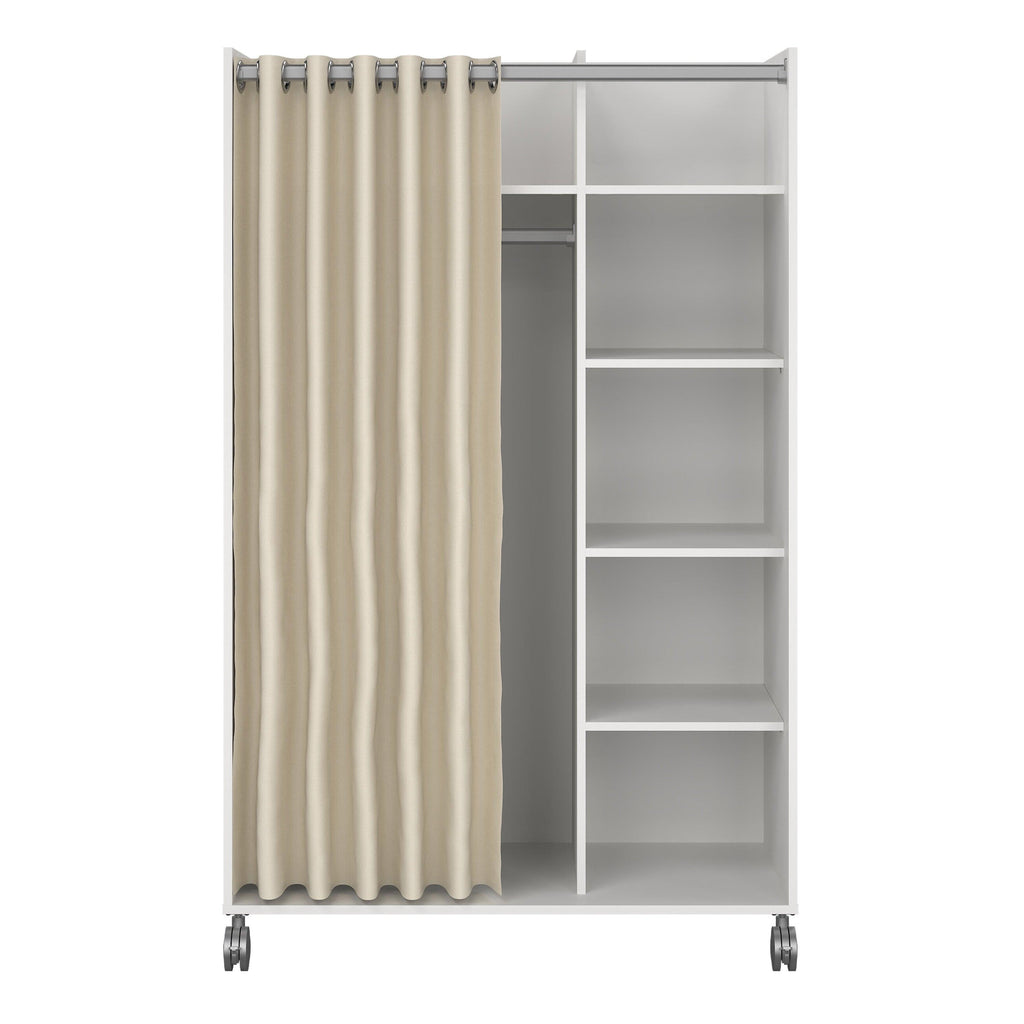 Uppsala Open Mobile Wardrobe Unit in White with a Beige Textile Curtain on Wheels - image 2