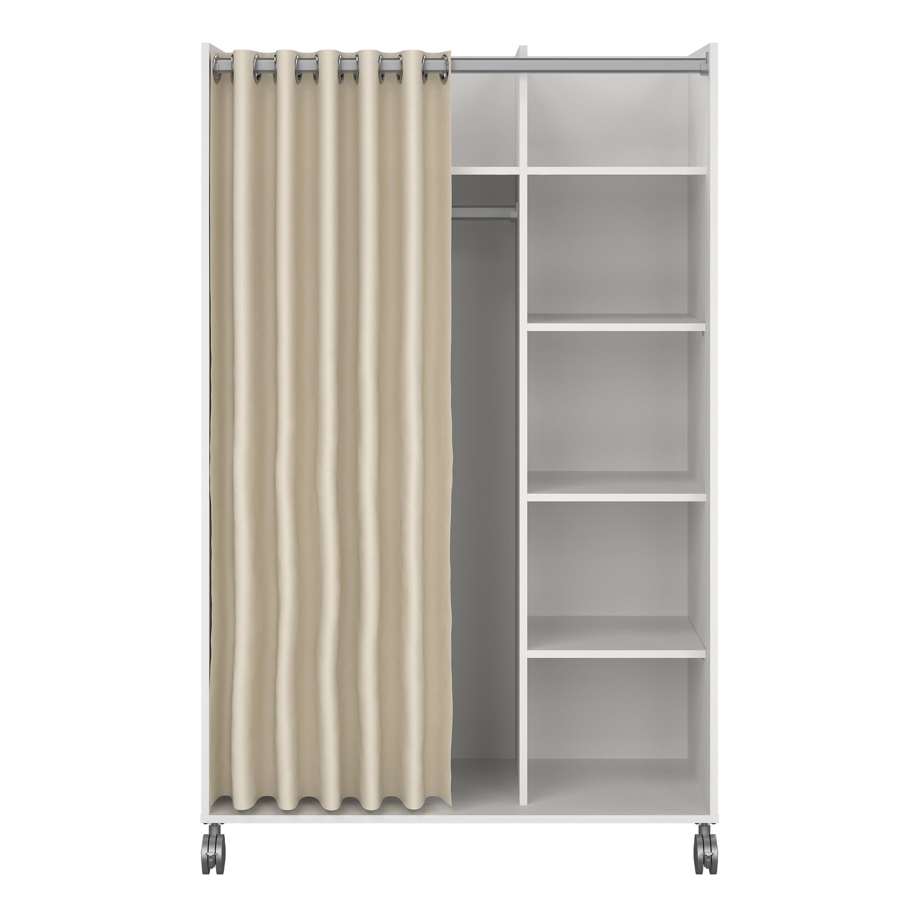 Uppsala Open Mobile Wardrobe Unit in White with a Beige Textile Curtain on Wheels - image 2