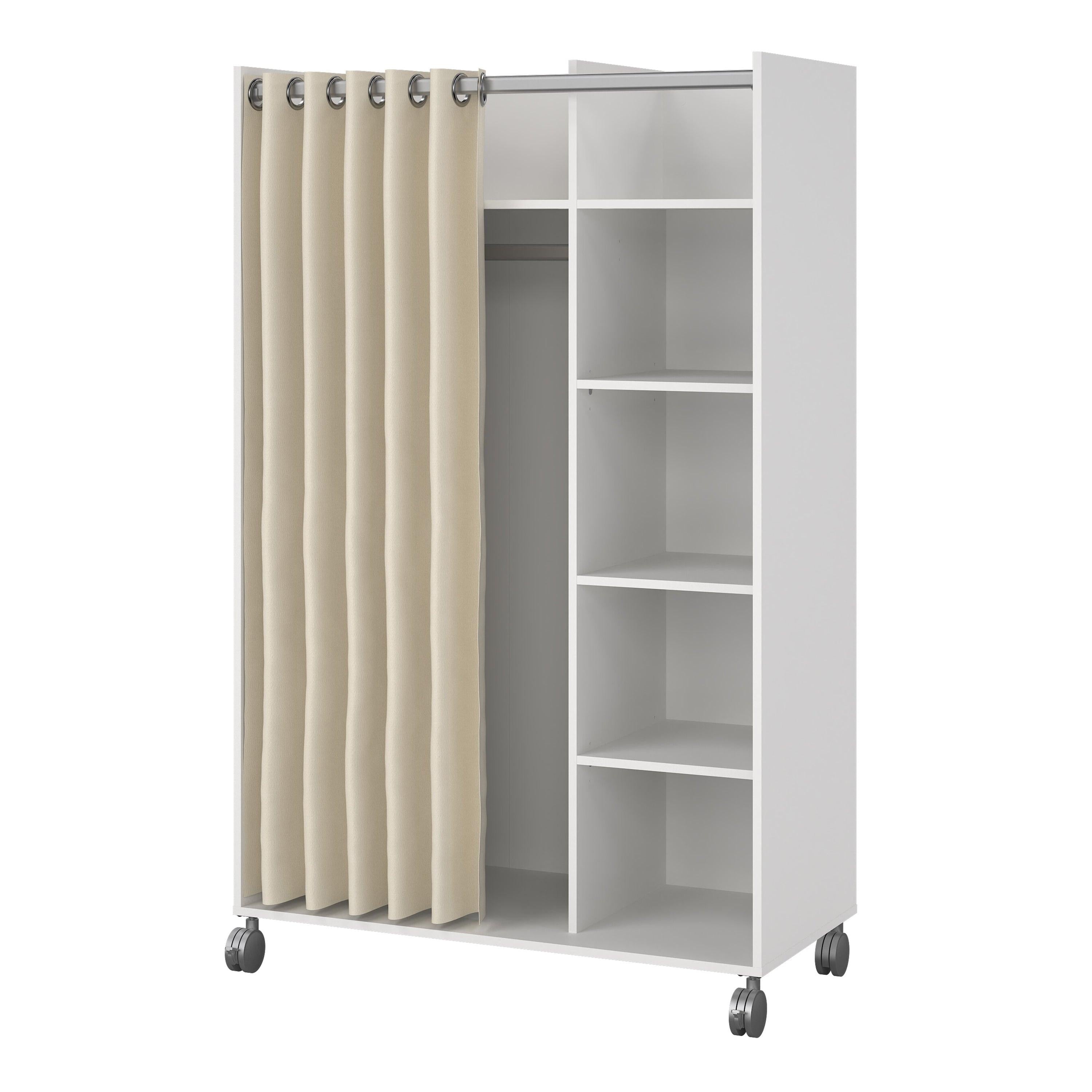 Uppsala Open Mobile Wardrobe Unit in White with a Beige Textile Curtain on Wheels - image 3