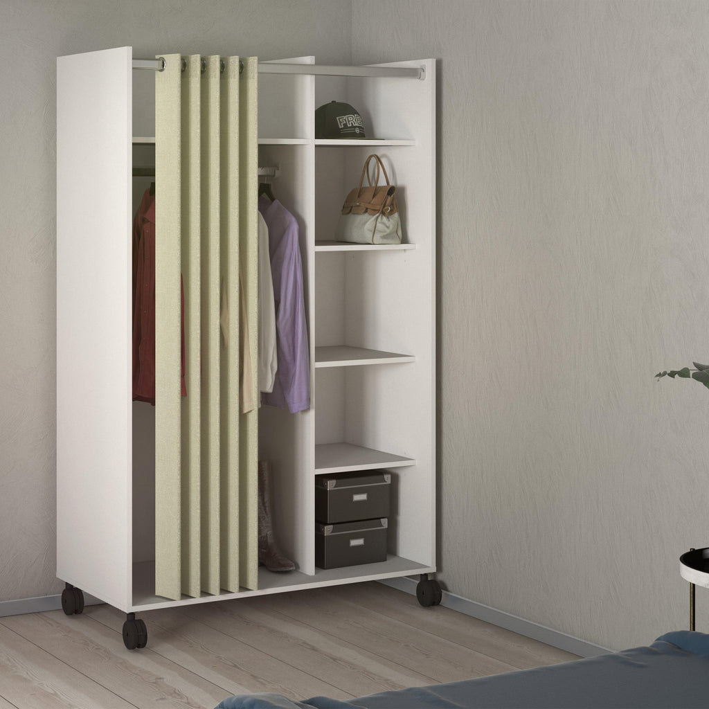 Uppsala Open Mobile Wardrobe Unit in White with a Beige Textile Curtain on Wheels - image 5