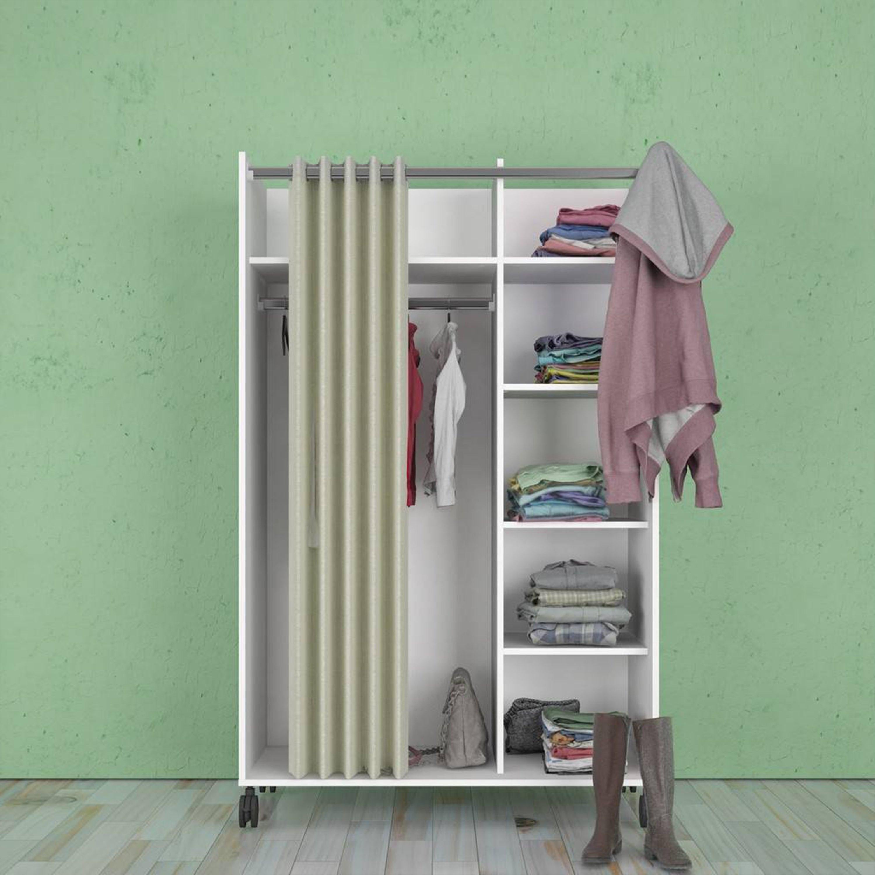 Uppsala Open Mobile Wardrobe Unit in White with a Beige Textile Curtain on Wheels - image 6