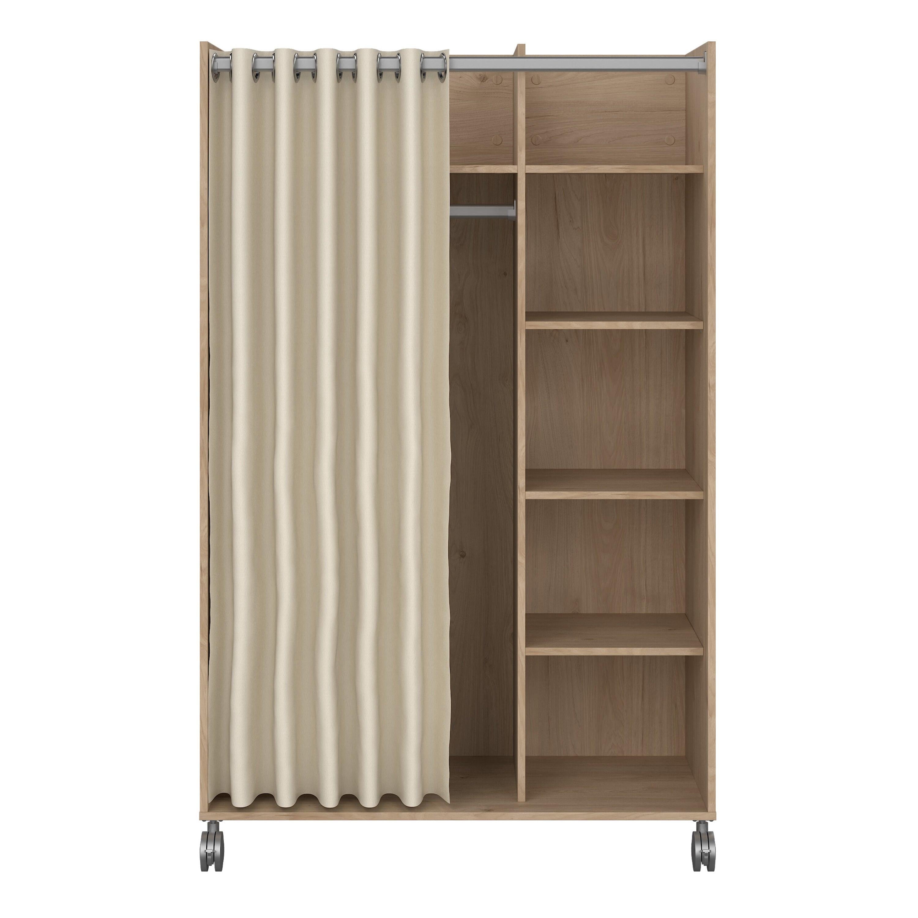Uppsala Open Mobile Wardrobe Unit in Jackson Hickory Oak with a Beige Textile Curtain on Wheels - image 2