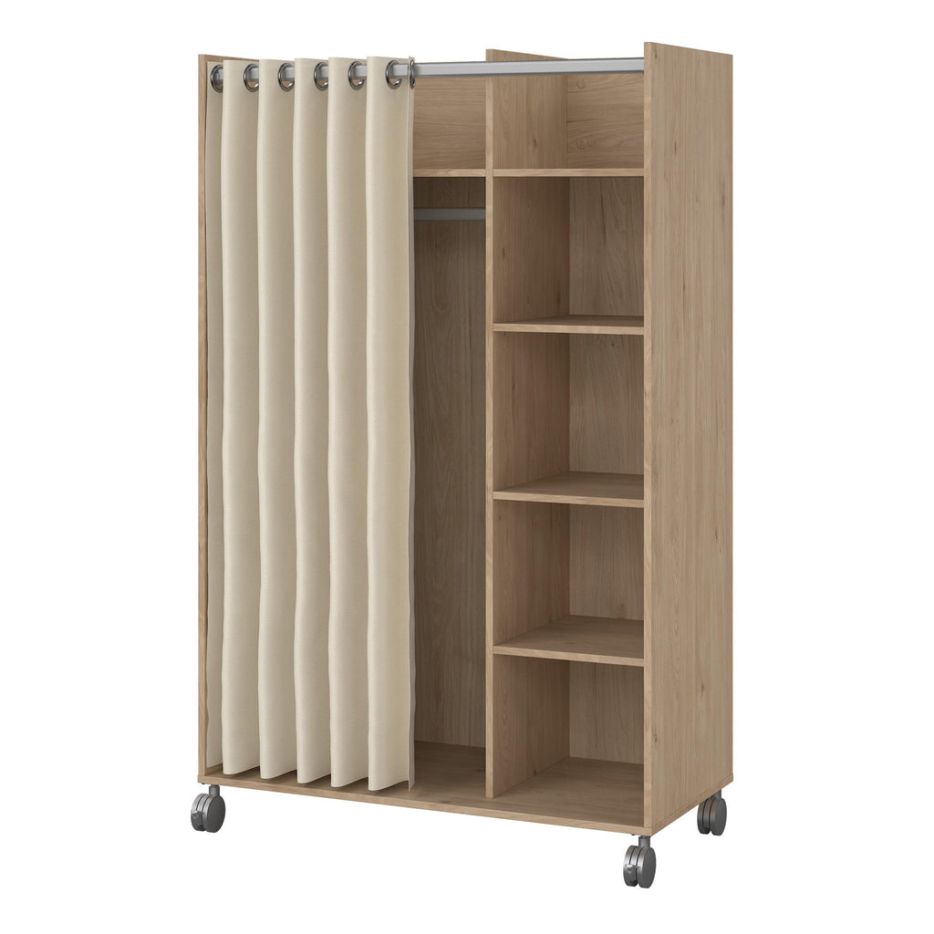 Uppsala Open Mobile Wardrobe Unit in Jackson Hickory Oak with a Beige Textile Curtain on Wheels - image 3