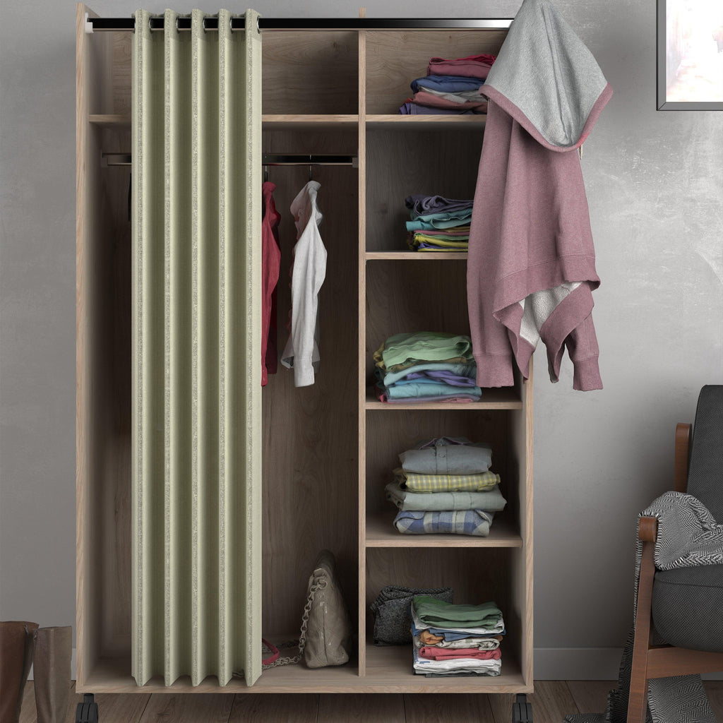 Uppsala Open Mobile Wardrobe Unit in Jackson Hickory Oak with a Beige Textile Curtain on Wheels - image 5