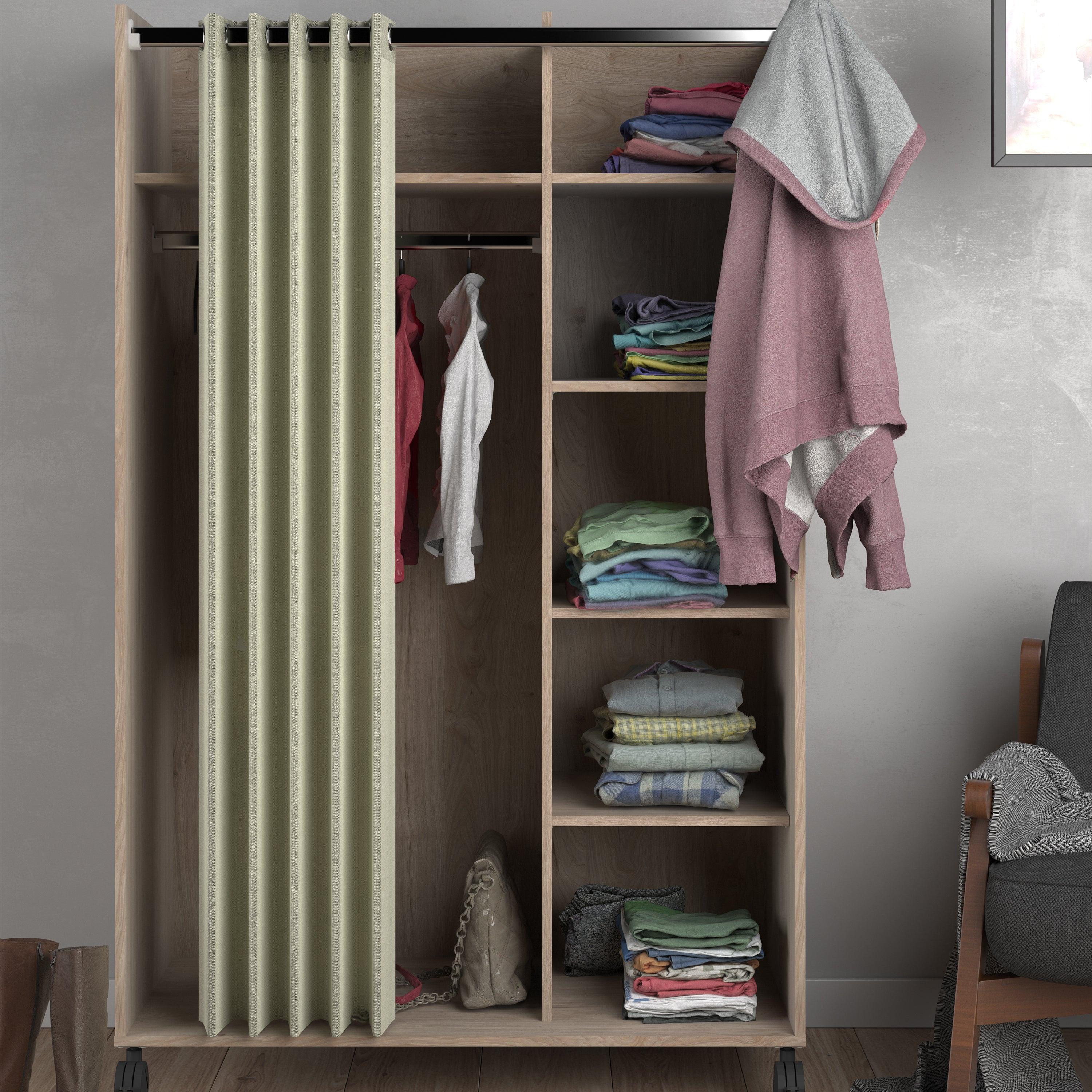 Uppsala Open Mobile Wardrobe Unit in Jackson Hickory Oak with a Beige Textile Curtain on Wheels - image 5