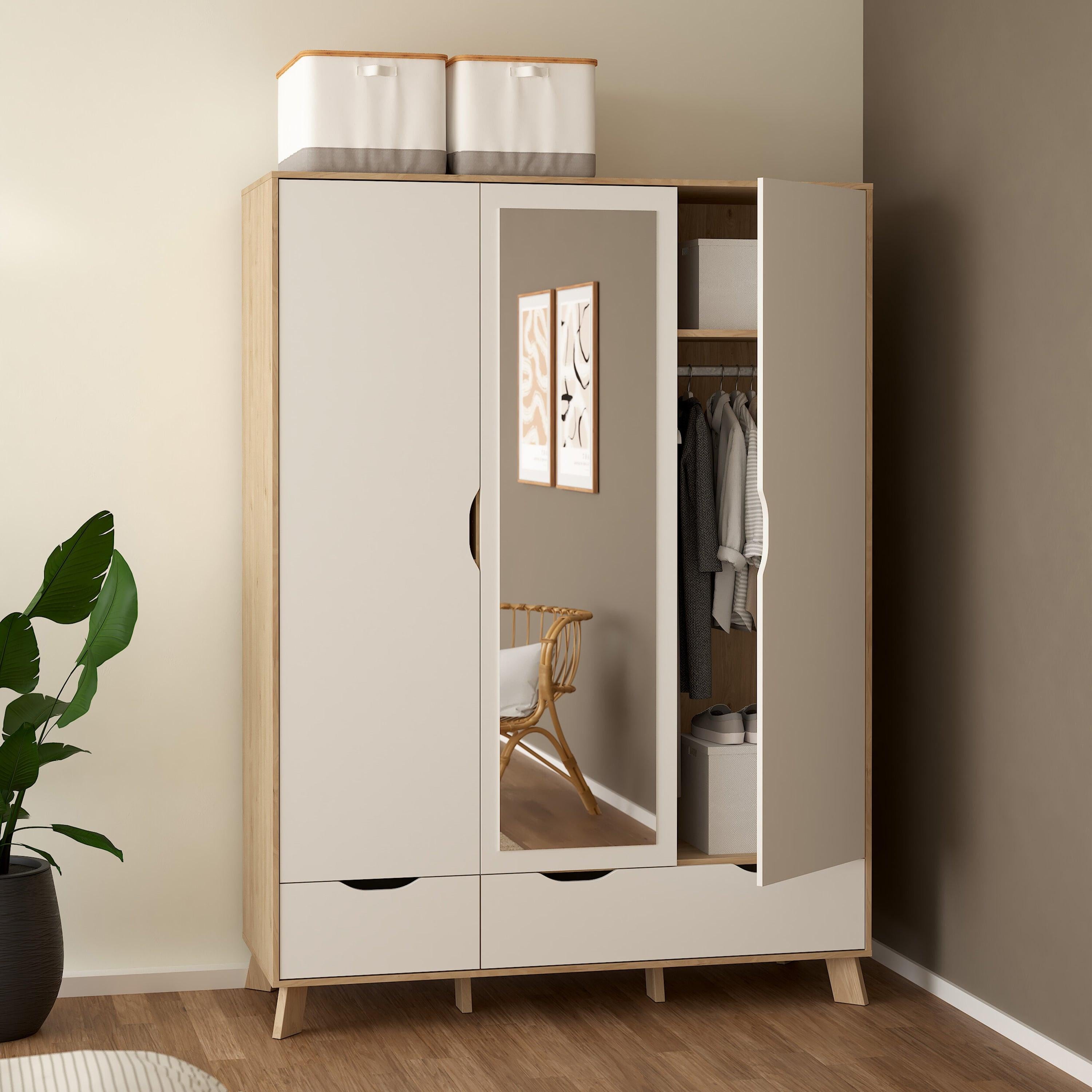 Ikast Wardrobe 3 Doors and 2 Drawers with Mirror in Jackson Hickory and White - image 10