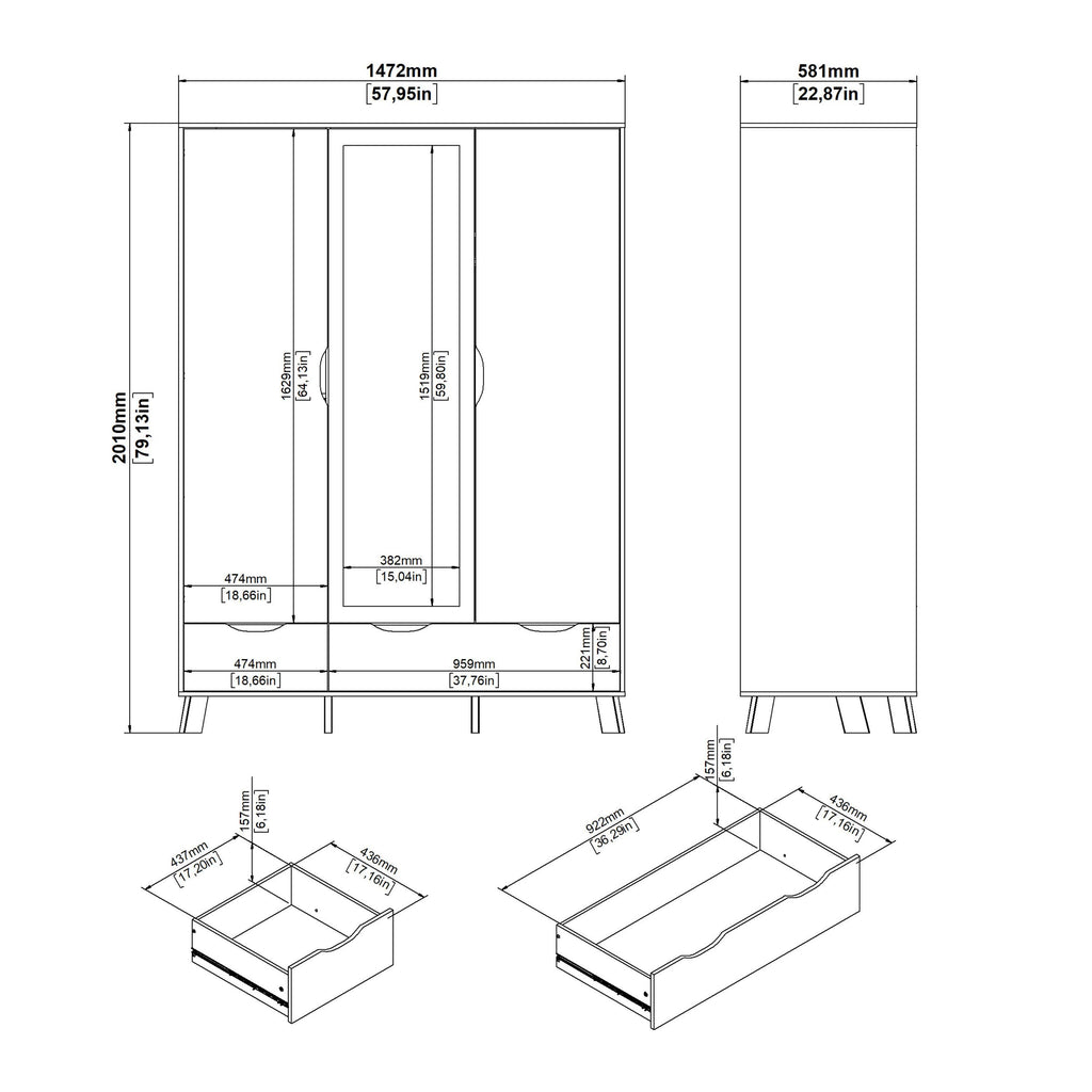 Ikast Wardrobe 3 Doors and 2 Drawers with Mirror in Jackson Hickory and White - image 13