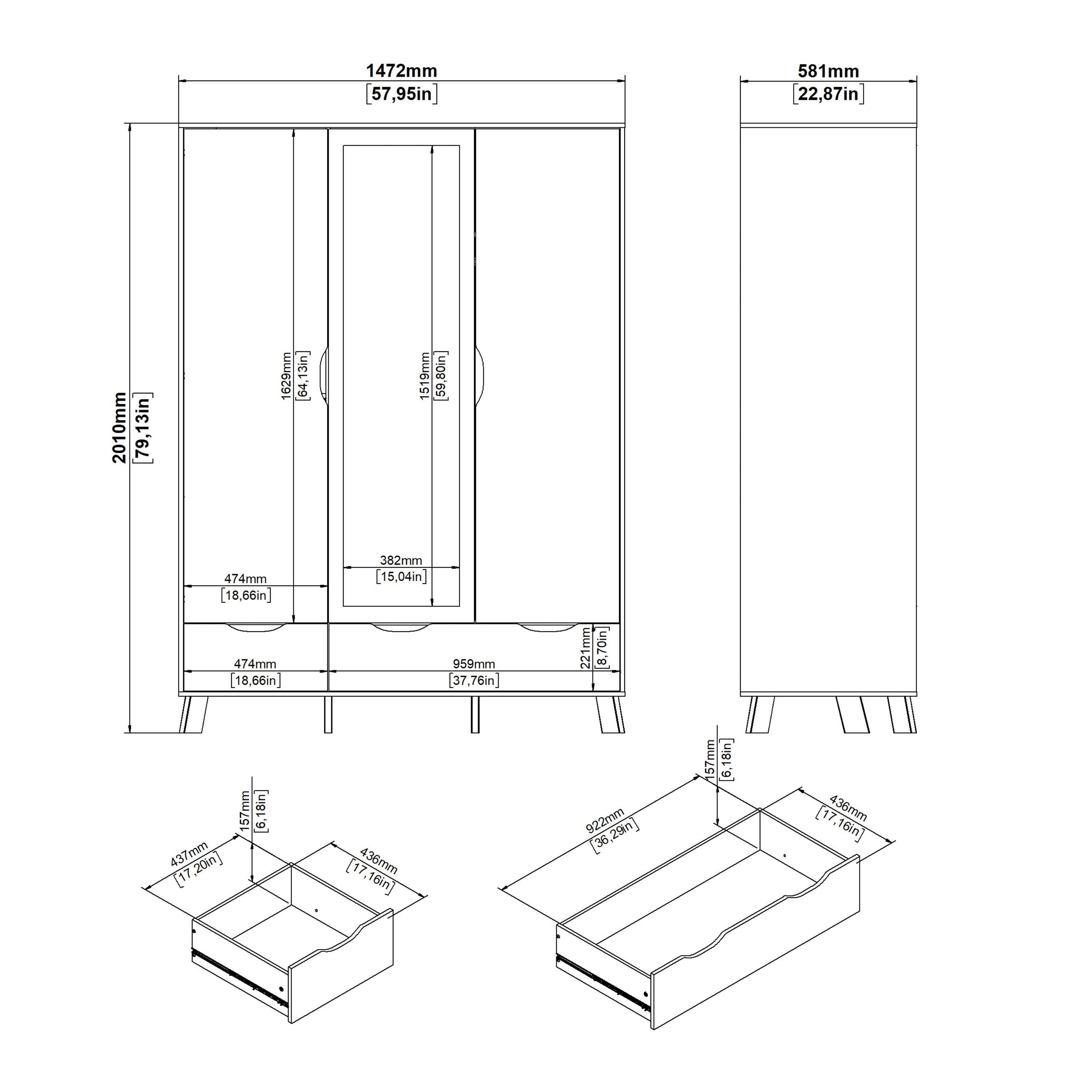 Ikast Wardrobe 3 Doors and 2 Drawers with Mirror in Jackson Hickory and White - image 13