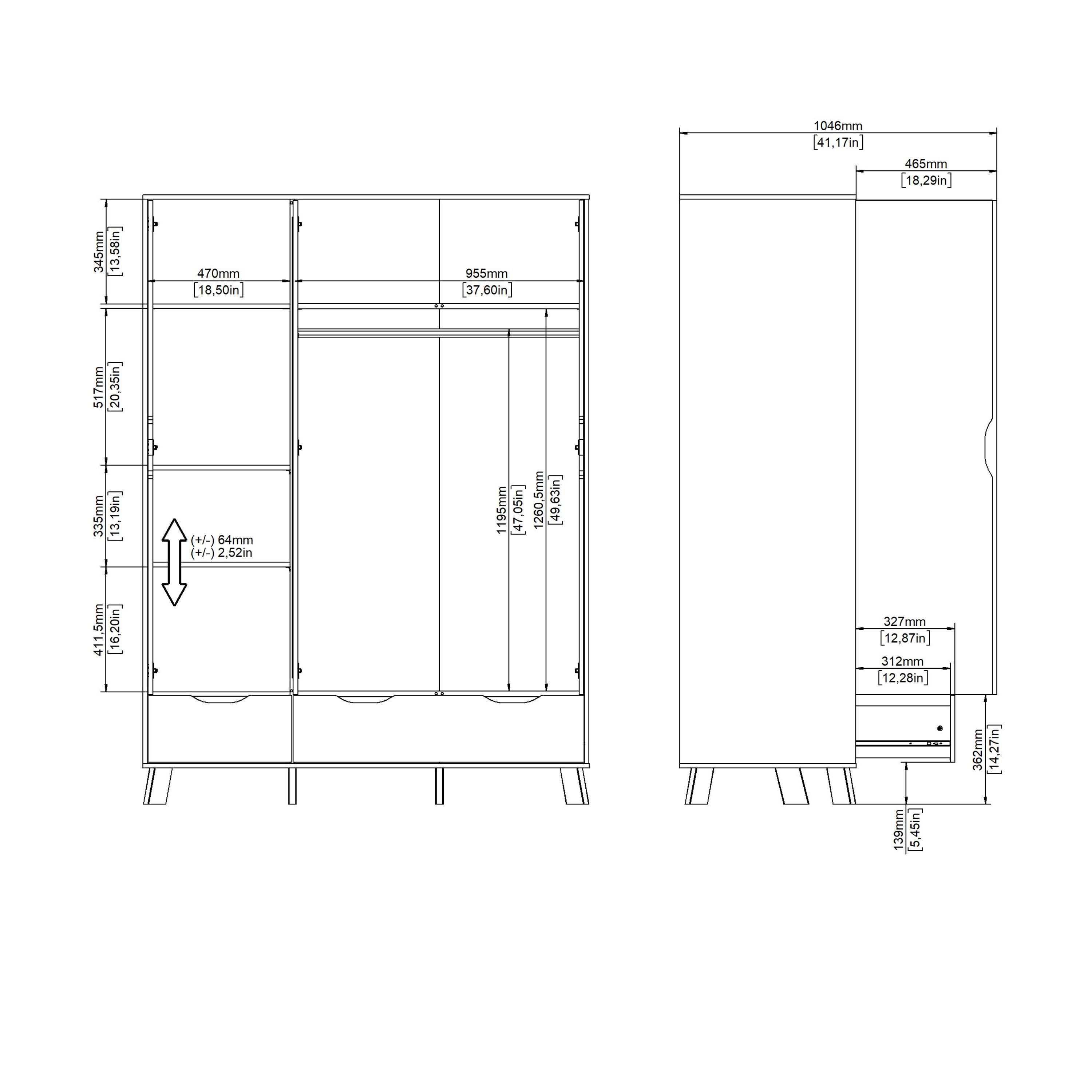 Ikast Wardrobe 3 Doors and 2 Drawers with Mirror in Jackson Hickory and White - image 14