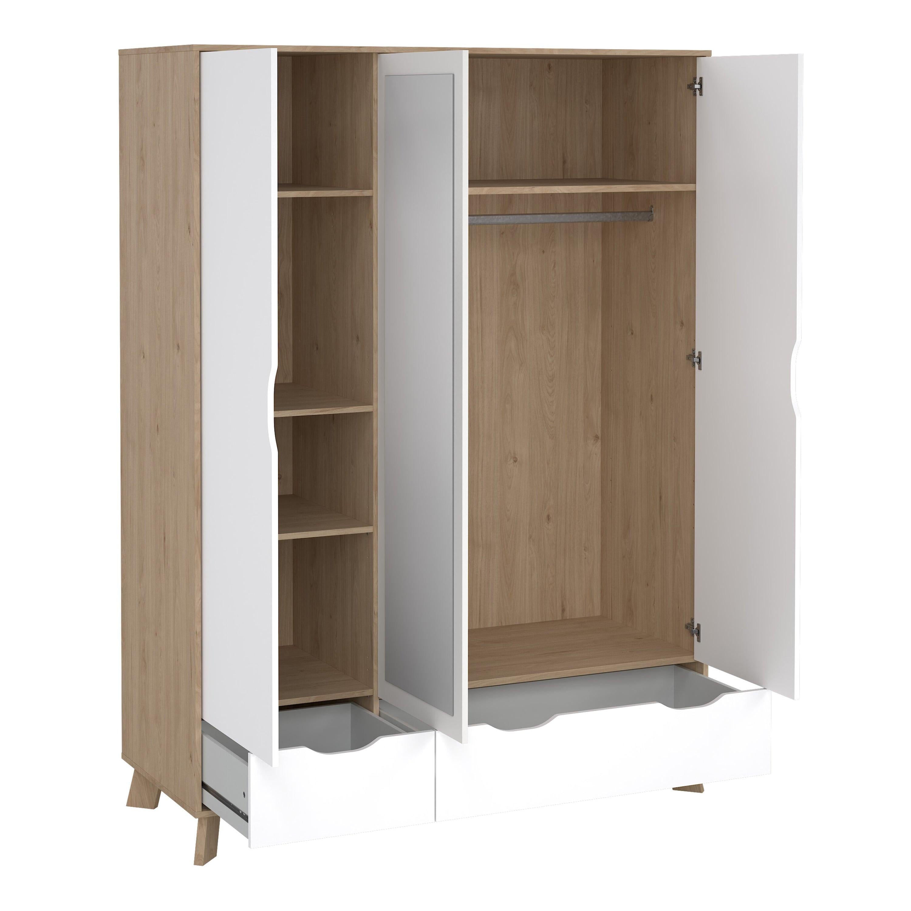 Ikast Wardrobe 3 Doors and 2 Drawers with Mirror in Jackson Hickory and White - image 6