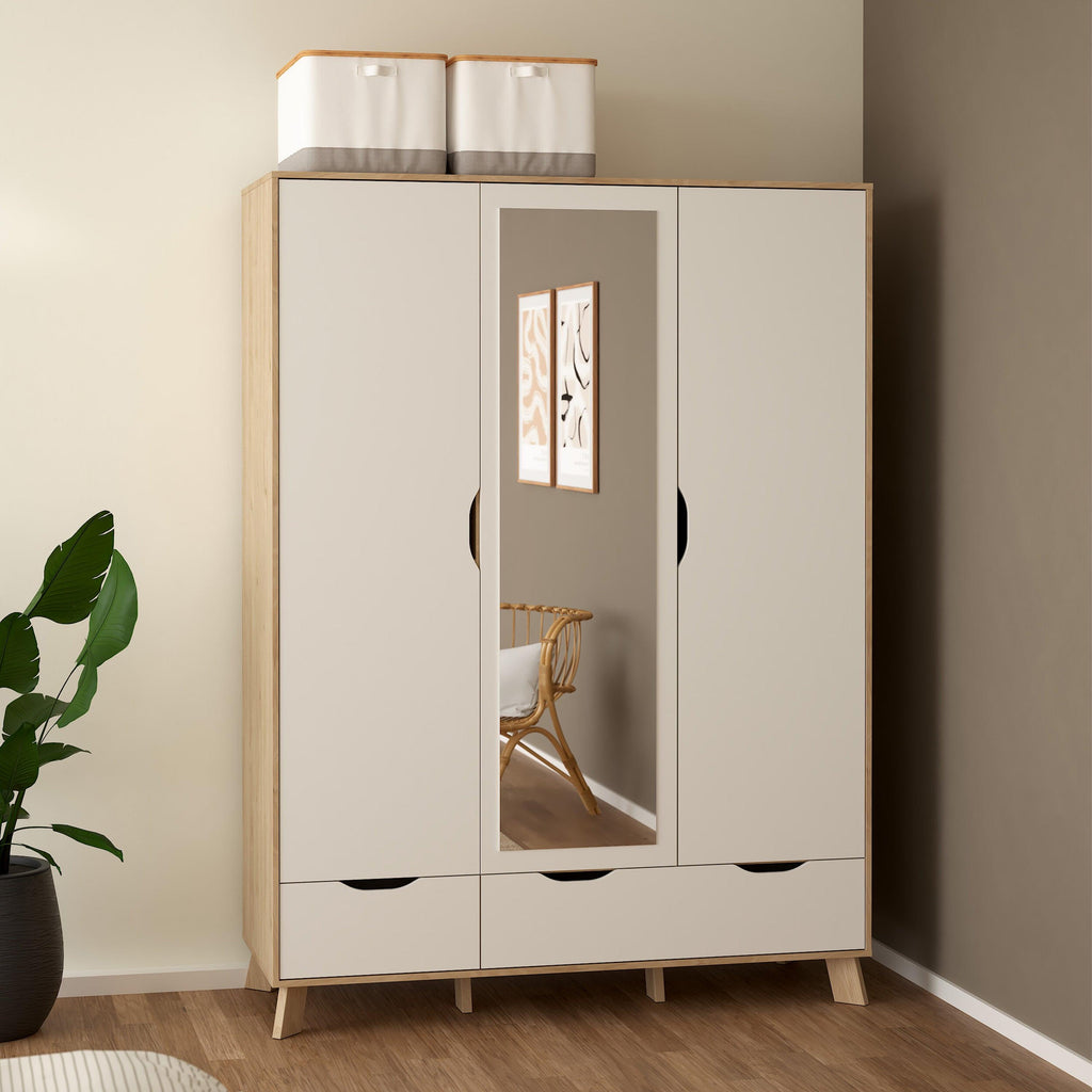 Ikast Wardrobe 3 Doors and 2 Drawers with Mirror in Jackson Hickory and White - image 9