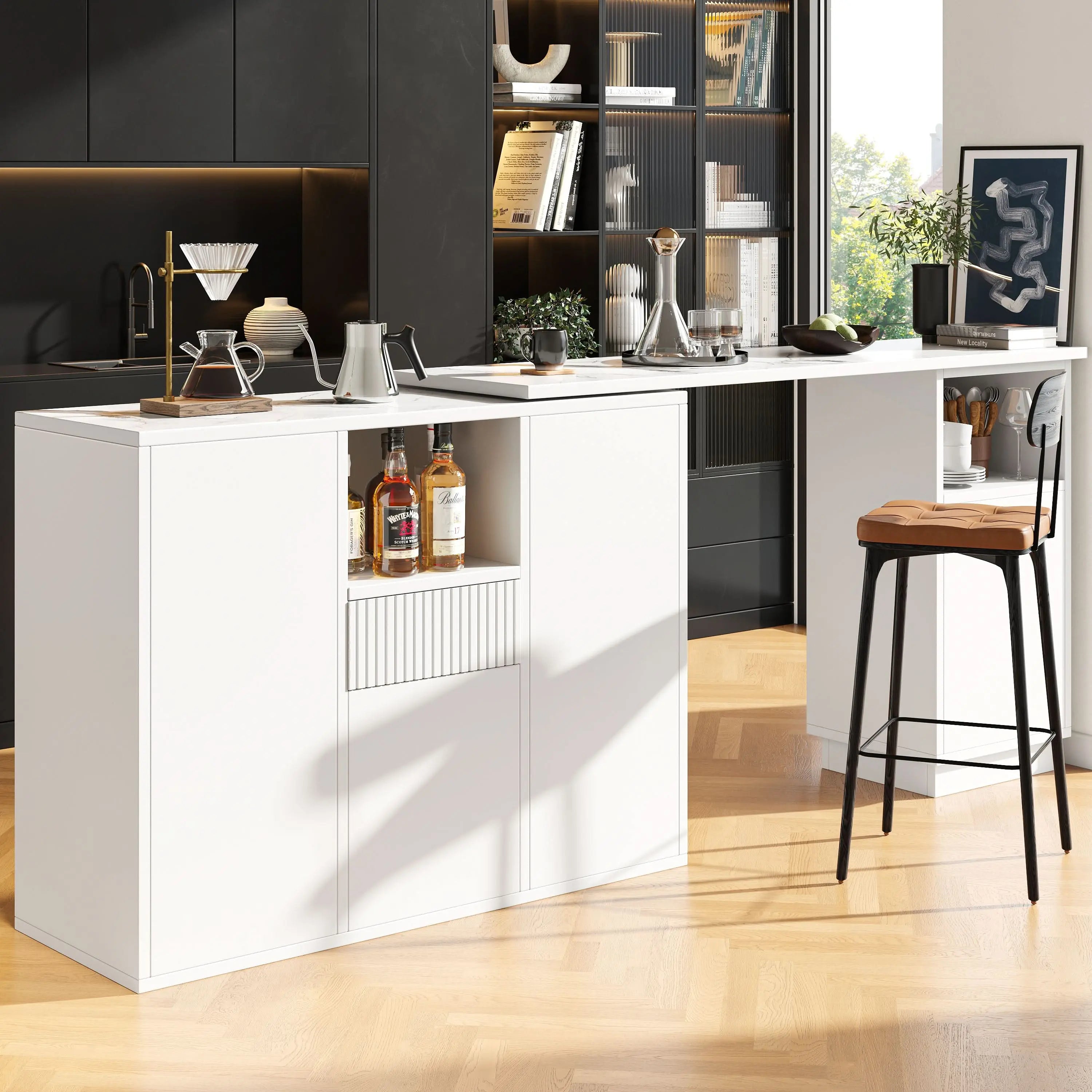 360 Swivelling Bar Table Main Body 198.5 X 30 X 75 Cm Modern And Sleek Design, With Open Storage Space And Marble Worktop, Suitable For Kitchen, Living Room And Dining Room, White Haslam Living