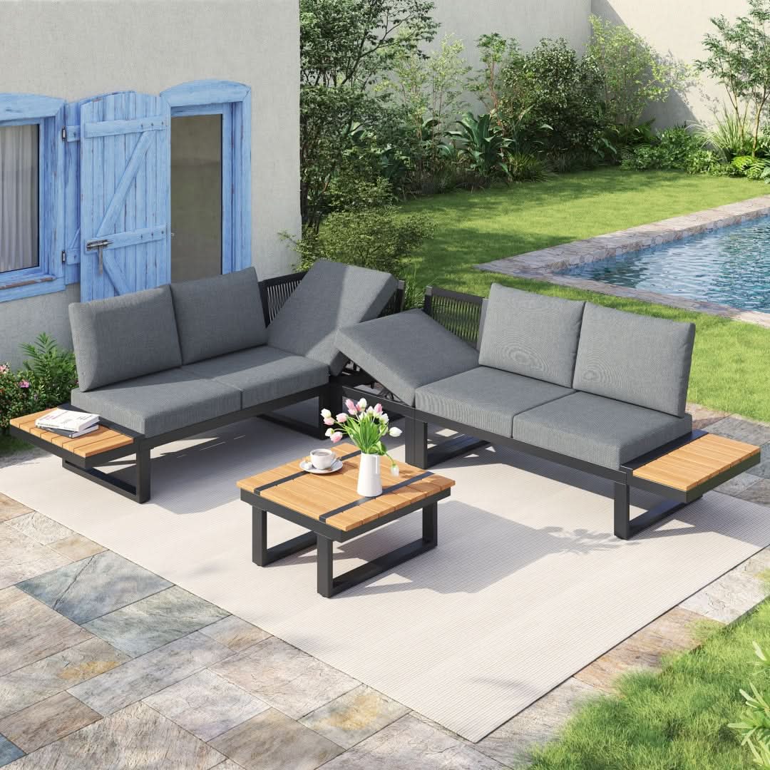 5-6 Seater Garden Lounge Set, Galvanized Iron Frame Outdoor Patio Furniture, 5-Piece Set, Reclining & Adjustable Seating, WPC Tabletop Table Included, Grey Fabric  Gray Frame Haslam Living