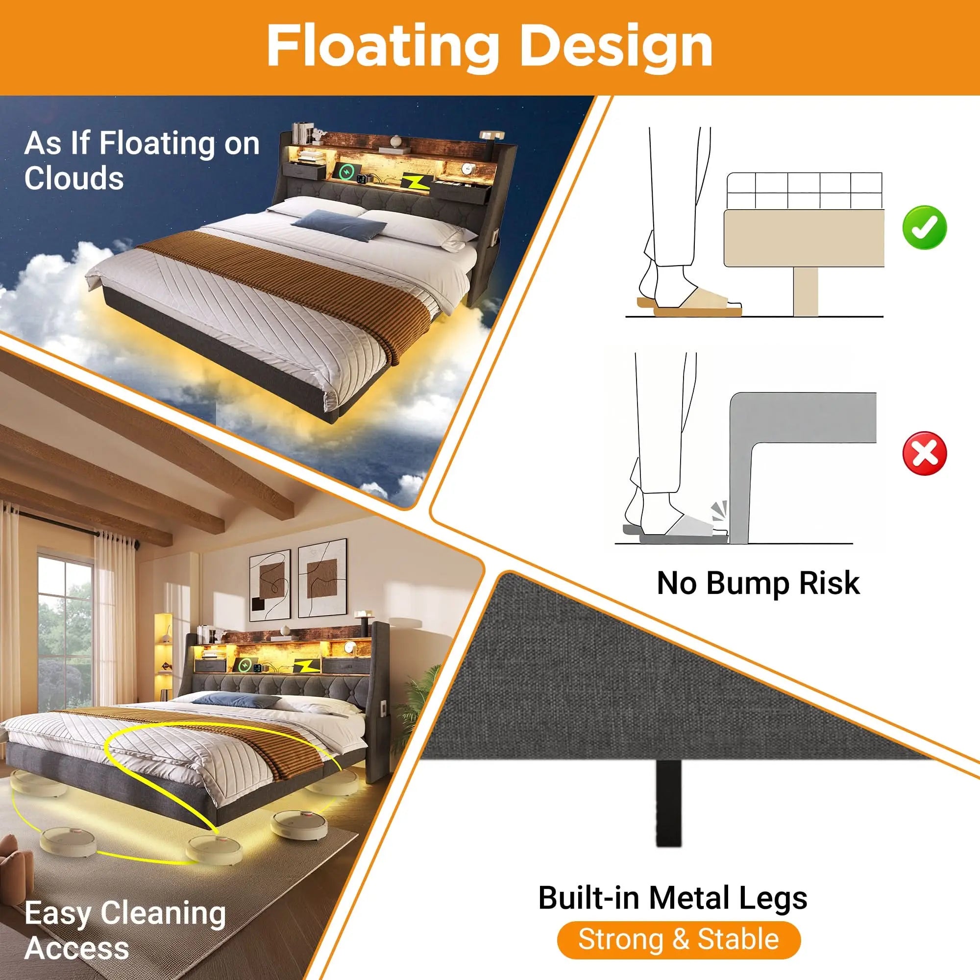 Upholstered Bed 6ft Floating Bed With LED Lighting, USB Type-C Charging, Storage Headboard For Cellphones & Tablets, Super King Bed With Metal Slatted Frame, Linen, Grey, No Mattress Haslam Living