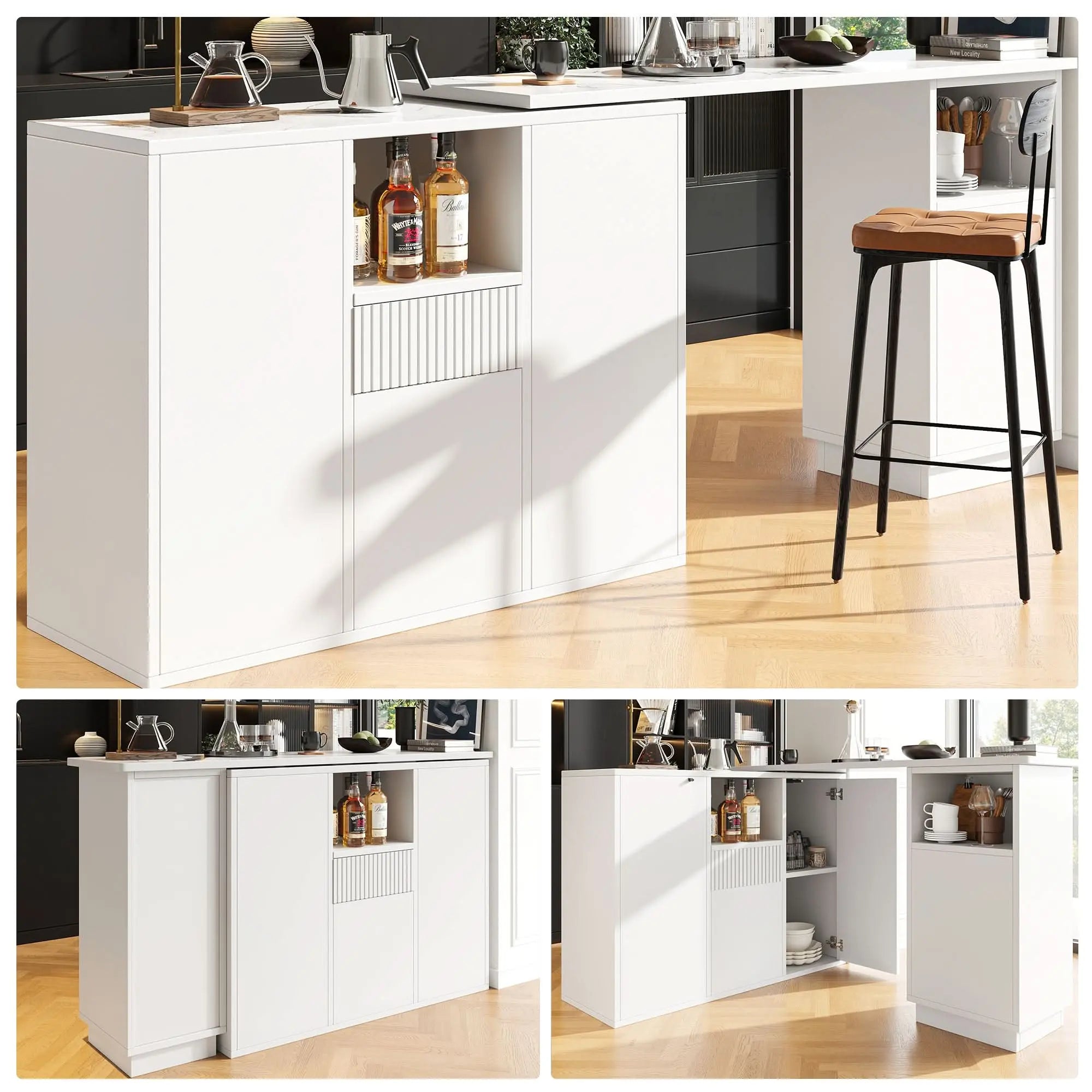 360 Swivelling Bar Table Main Body 198.5 X 30 X 75 Cm Modern And Sleek Design, With Open Storage Space And Marble Worktop, Suitable For Kitchen, Living Room And Dining Room, White Haslam Living
