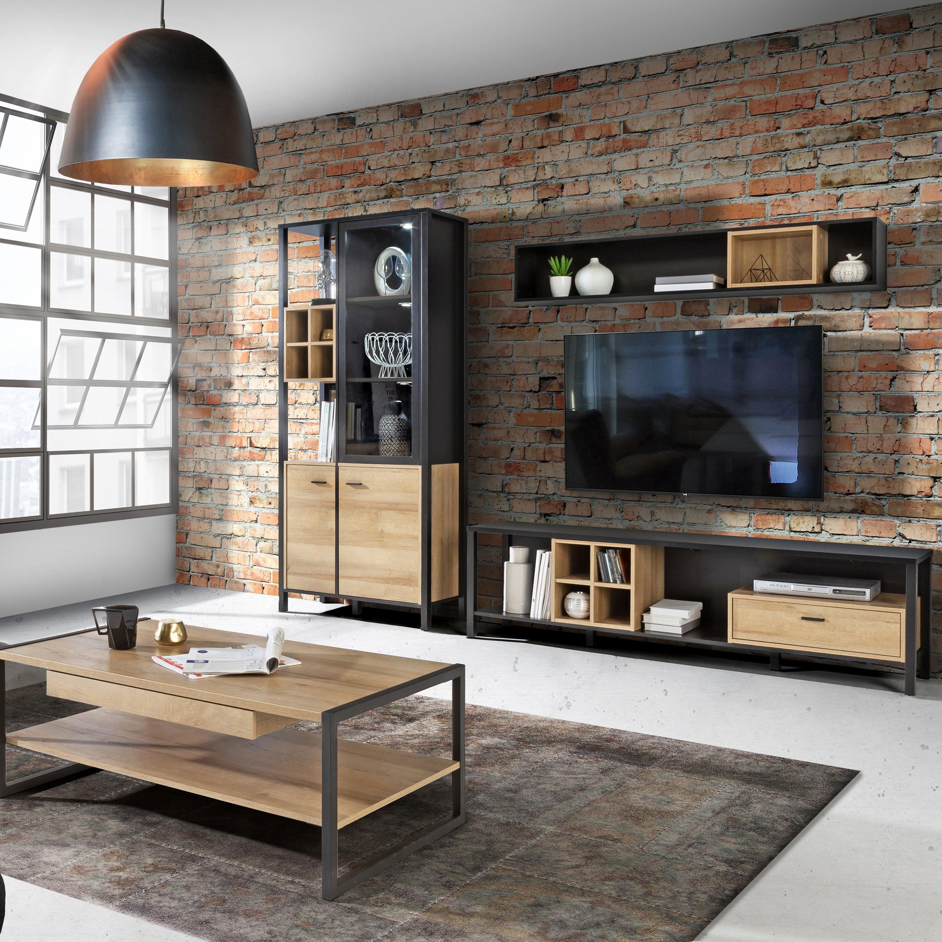 High Rock Wide TV Unit in Matt Black/Riviera Oak - image 5