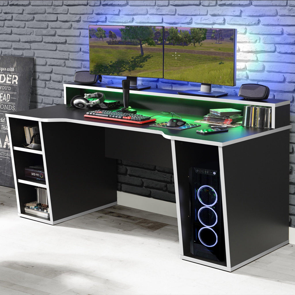 Tezaur Black Gaming Desk with White Trim and Colour Changing LED - image 4
