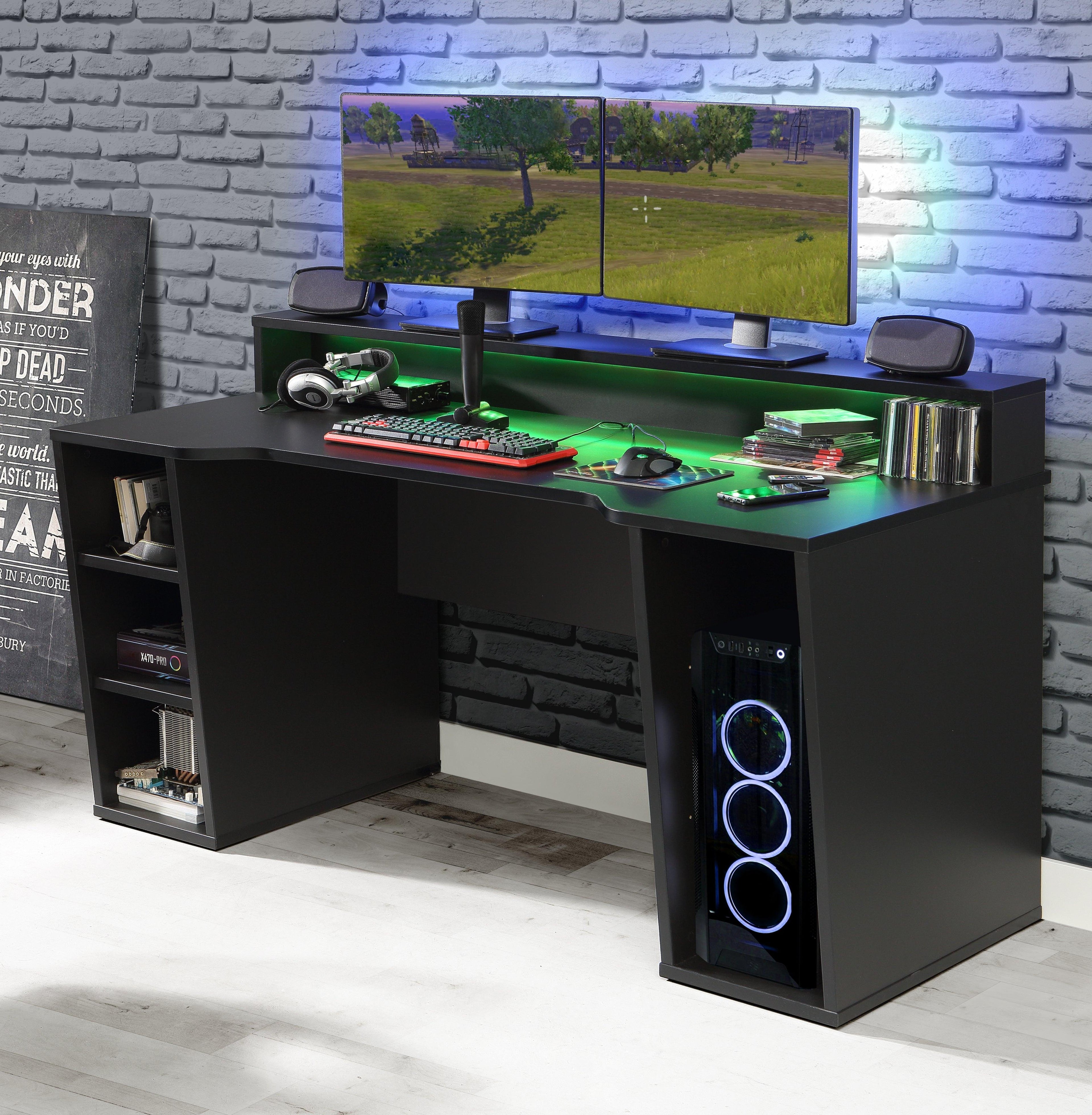 Tezaur Black Gaming Desk 2 Shelves with Colour Changing LED - image 3