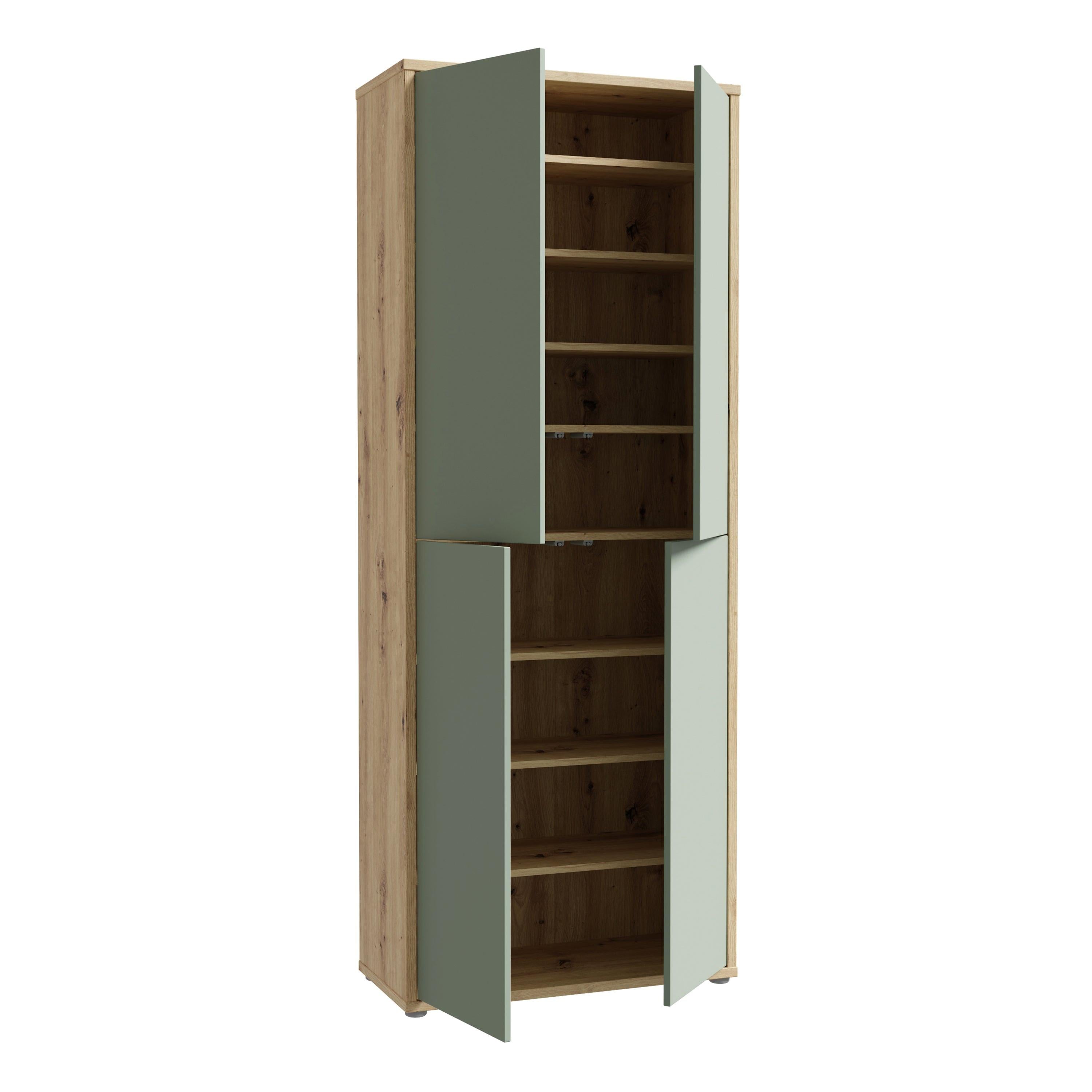 Alice Springs Shoe Cabinet with 4 Doors Push-to-Open in Artisan Oak and Sage Green Doors - image 4