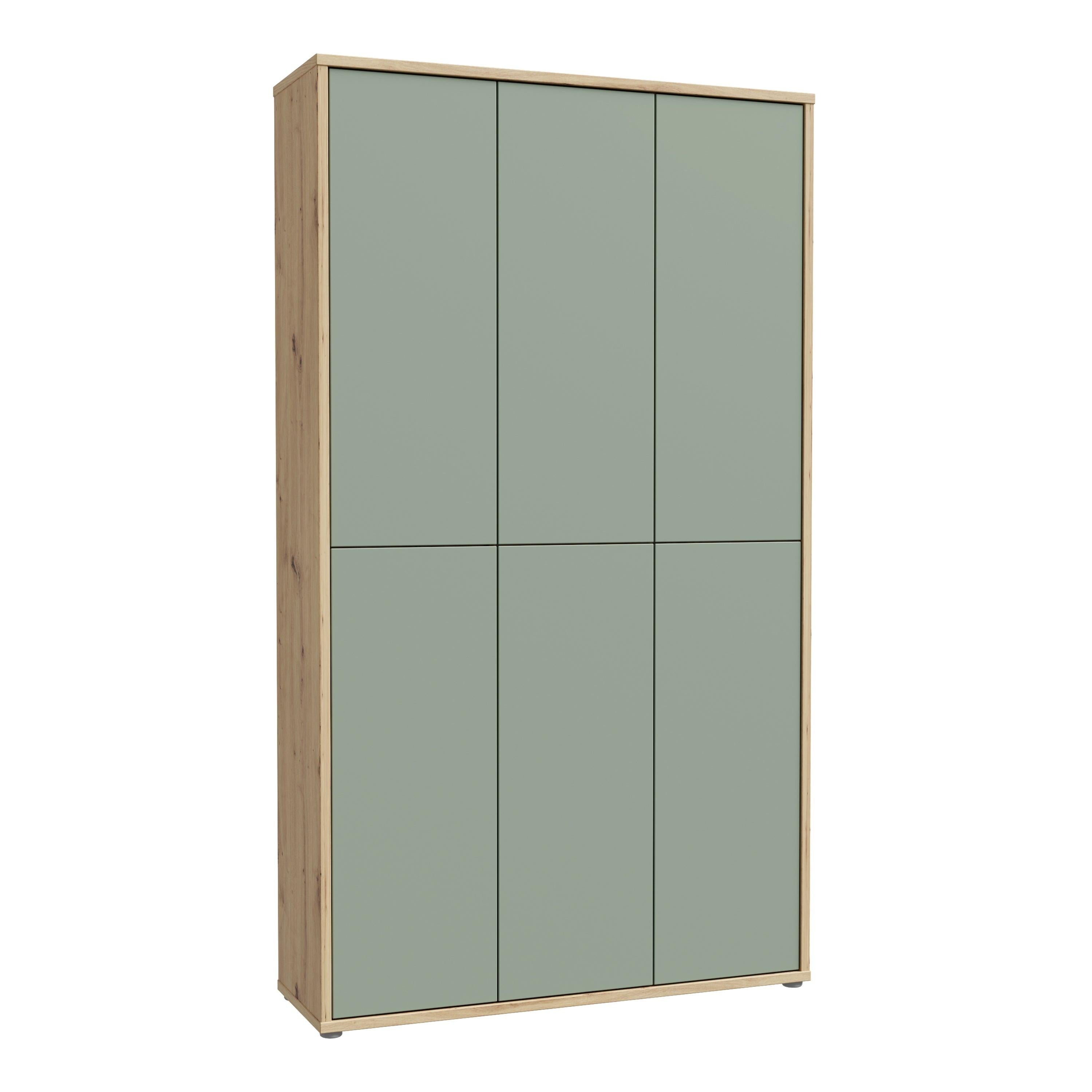 Alice Springs Shoe Cabinet with 6 Doors Push-to-Open in Artisan Oak and Sage Green Doors